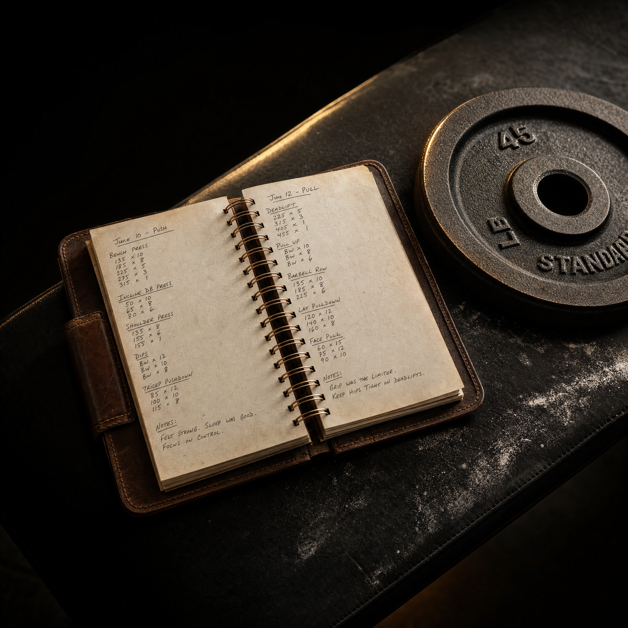 strength training for men over 30 – training log and weight plate on gym bench
