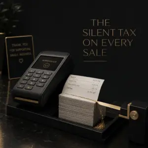 Conceptual image of a swipe fee being skimmed off a small business sale at a card terminal