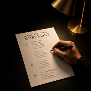 when to make your first hire – founder reviewing a hiring readiness checklist at a dark desk