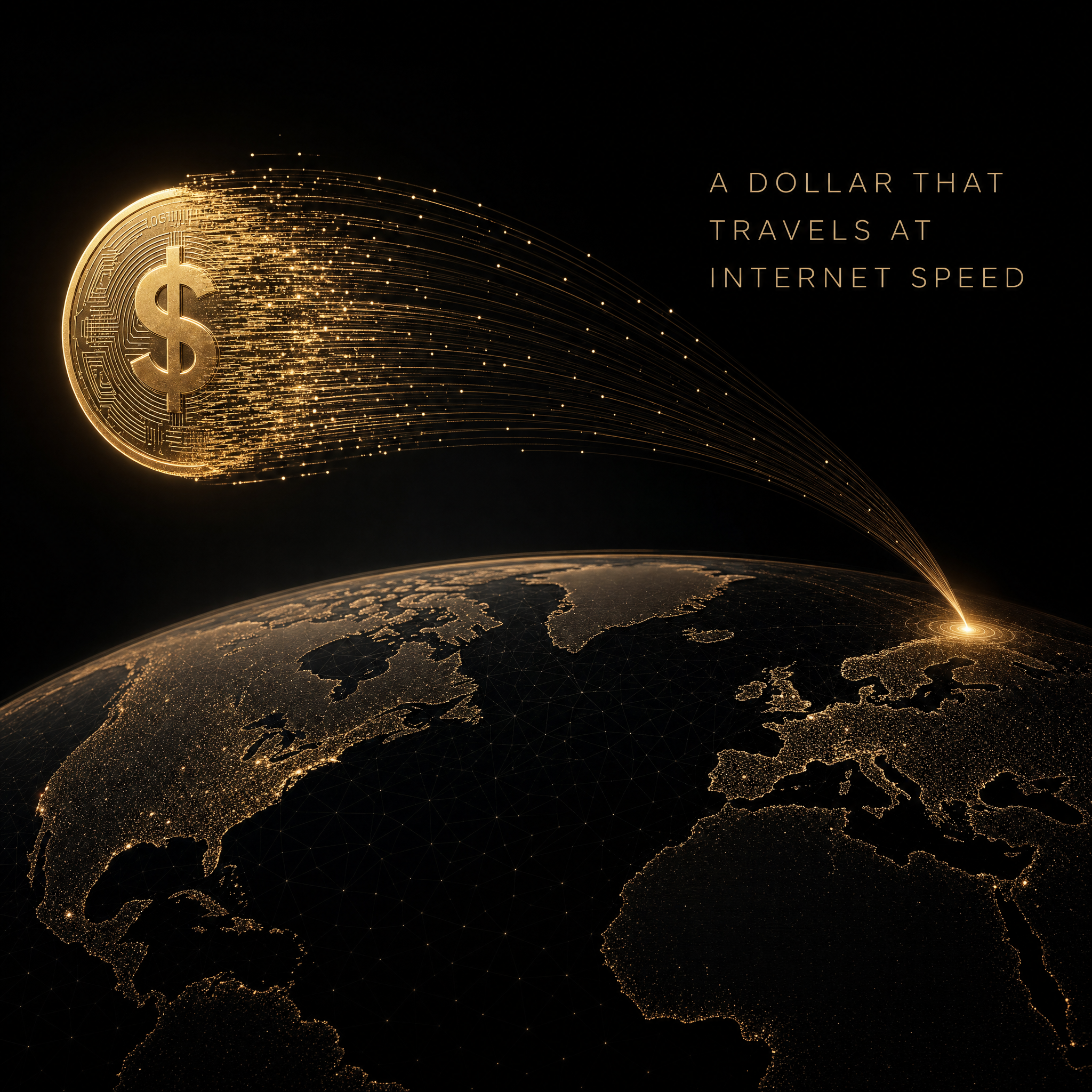 ZelleUSD stablecoin concept: a digital dollar moving across borders at internet speed