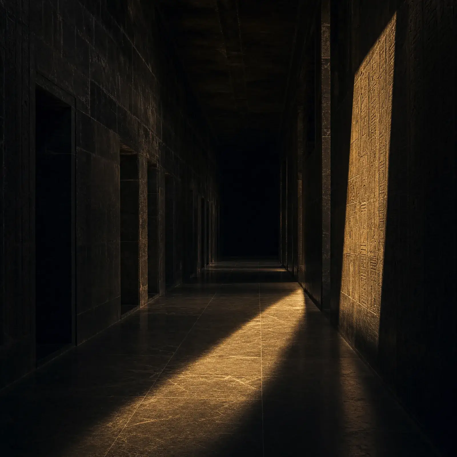 48 laws of power for building a brand – dark stone corridor with champagne gold shaft of light