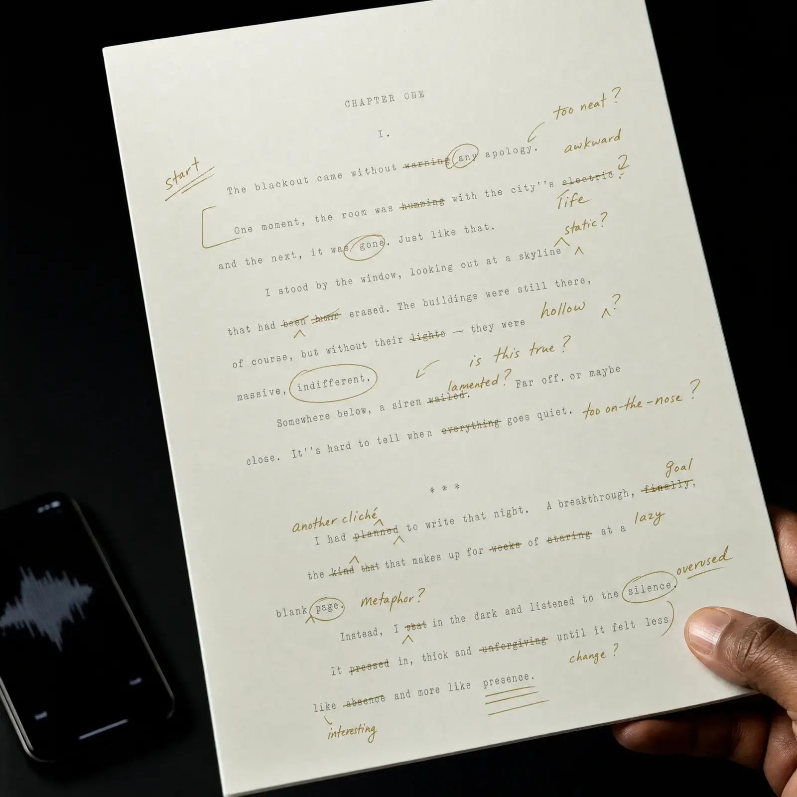 ai dictation – editing a transcript by hand next to a recording phone