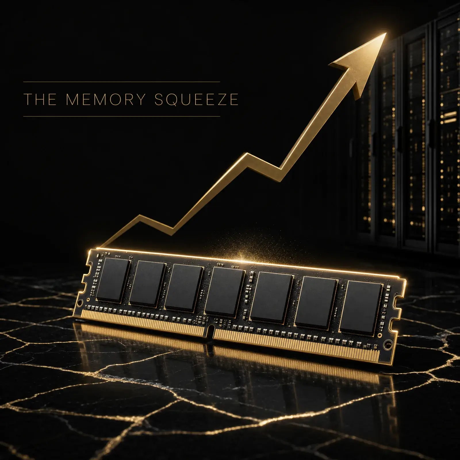 Conceptual image of a memory chip with a rising price arrow and an AI data center in the background