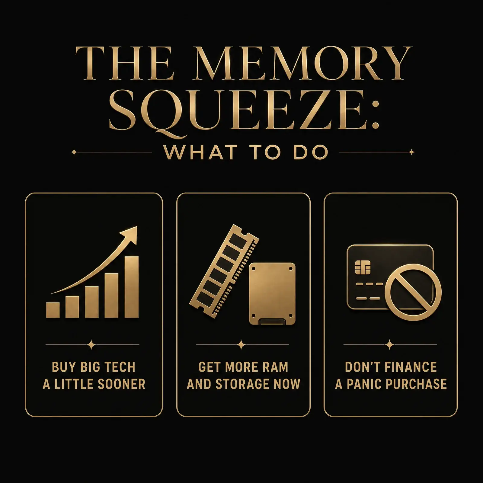 Infographic of three practical moves during the memory shortage: buy big tech sooner, get more RAM and storage now, do not finance a panic purchase