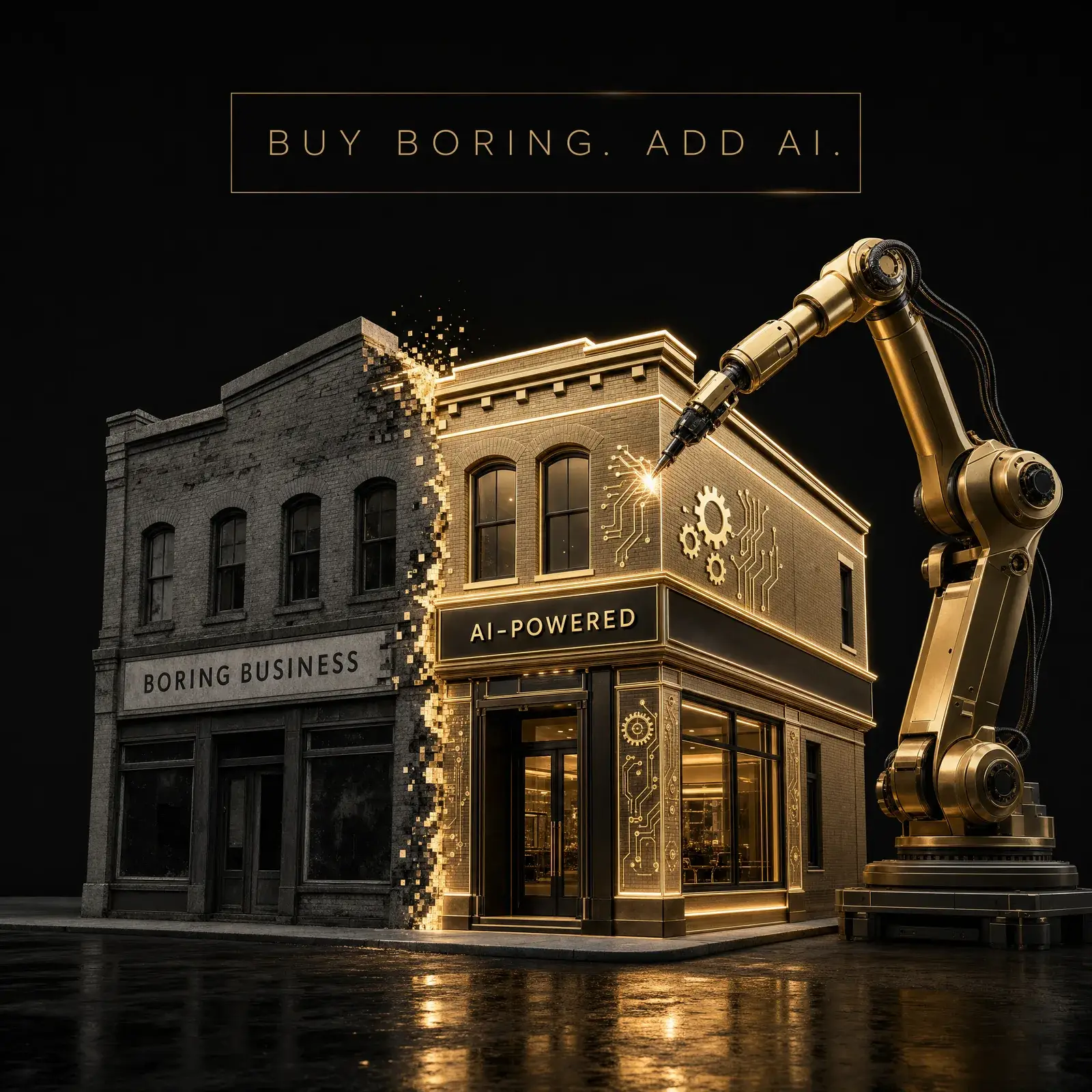 Conceptual image of an ordinary business being upgraded with AI into an efficient operation