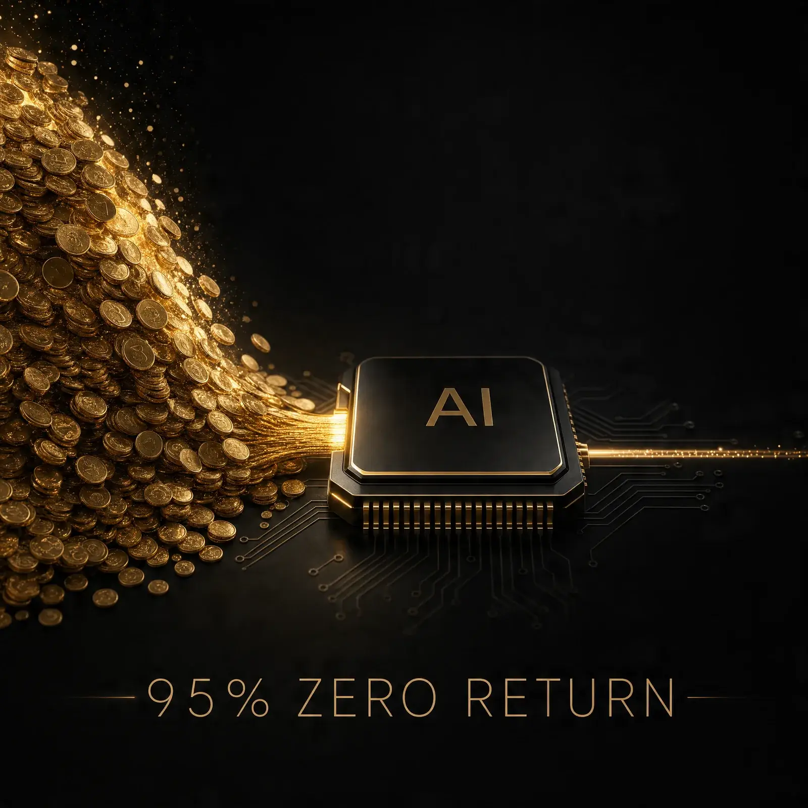 AI spending ROI shown as large investment flowing into AI with only a thin return coming out