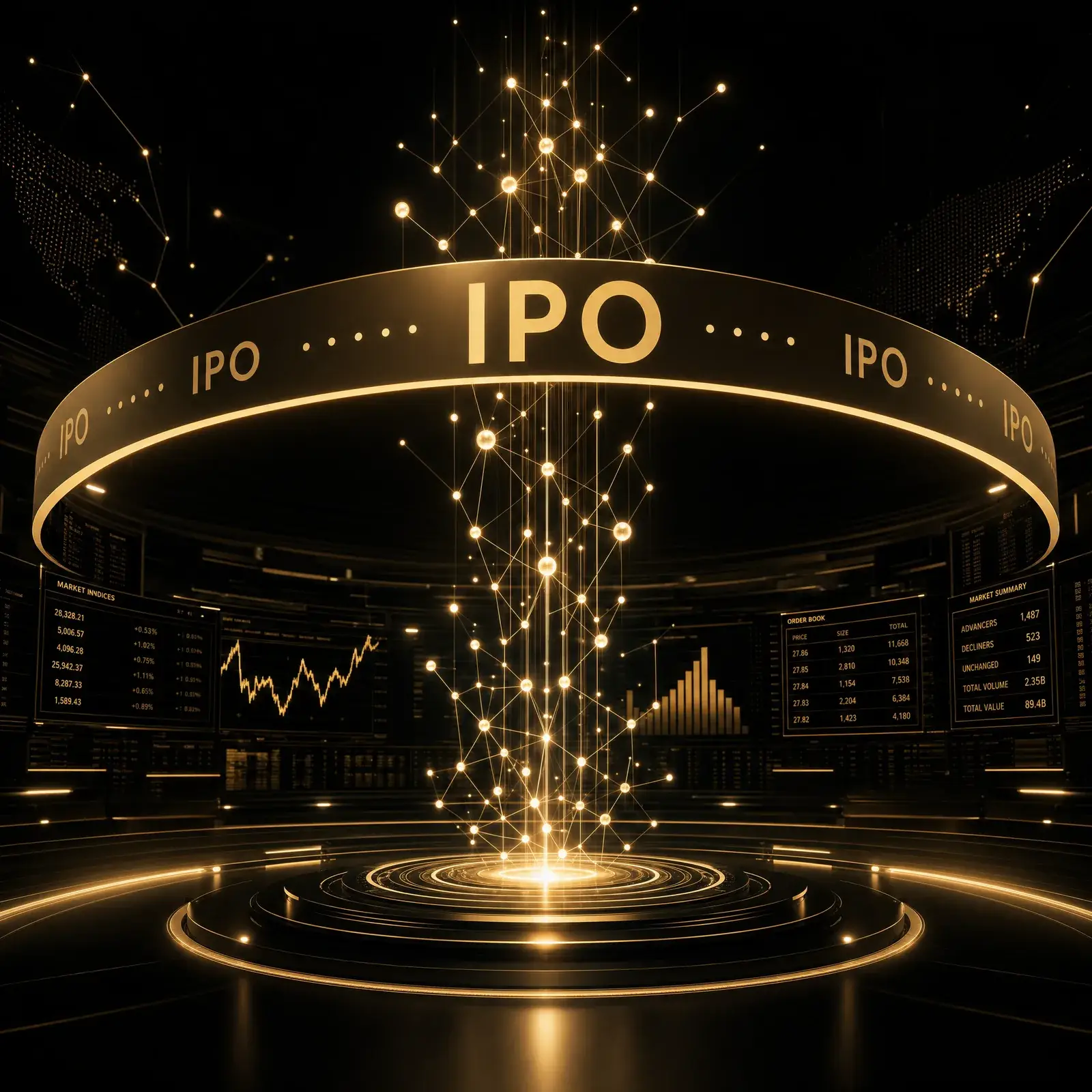 Anthropic AI IPO concept – an AI neural motif fused with a stock exchange and a gold IPO ticker