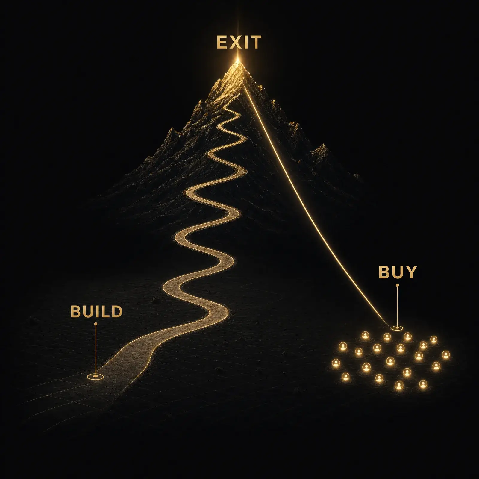 Infographic comparing the long build path versus the short buy path to a business exit