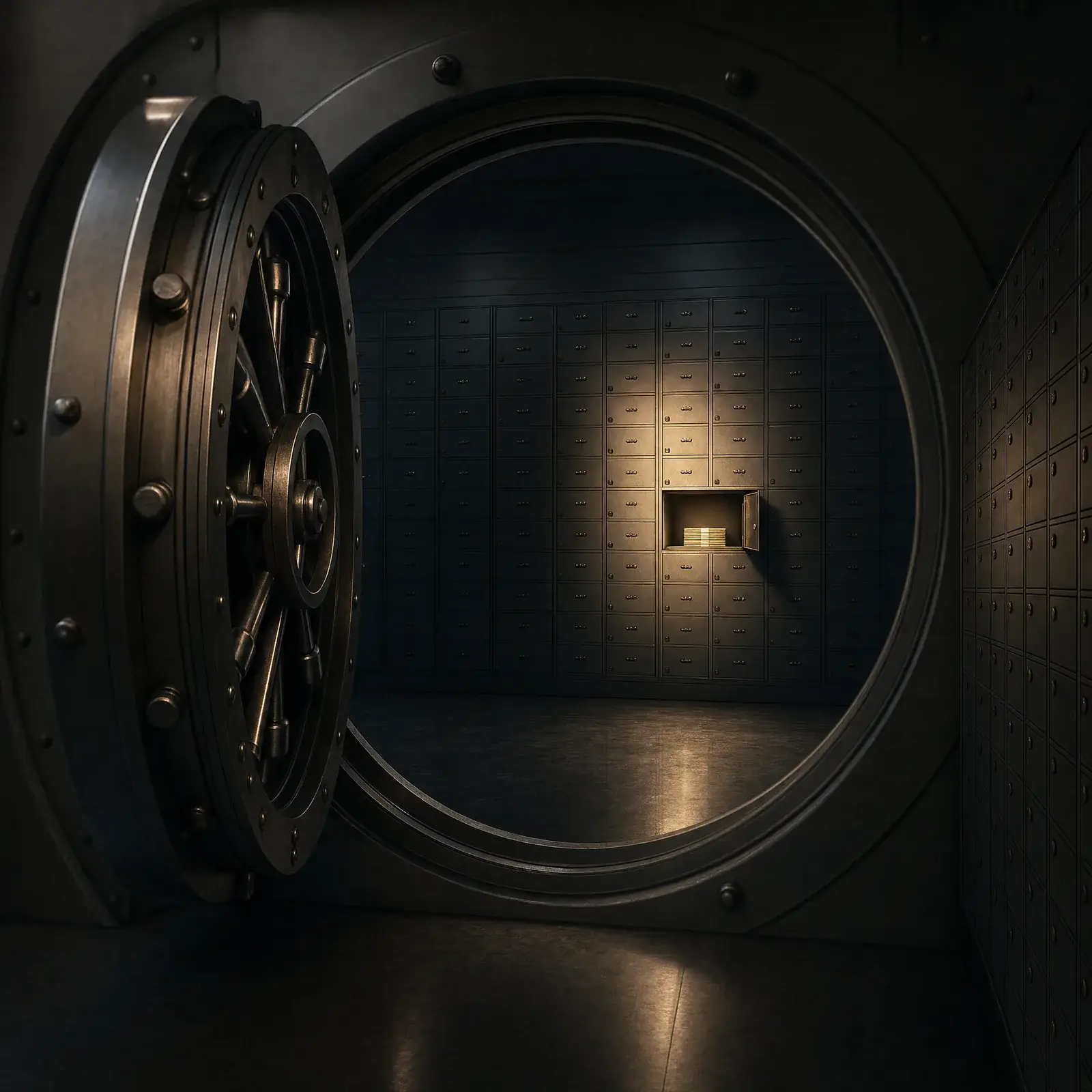 cash flow mistakes – an open bank vault with mostly empty deposit boxes, a shrinking cash reserve