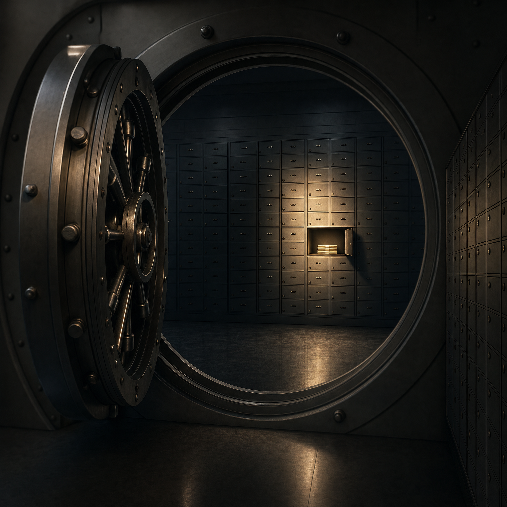 cash flow mistakes – an open bank vault with mostly empty deposit boxes, a shrinking cash reserve