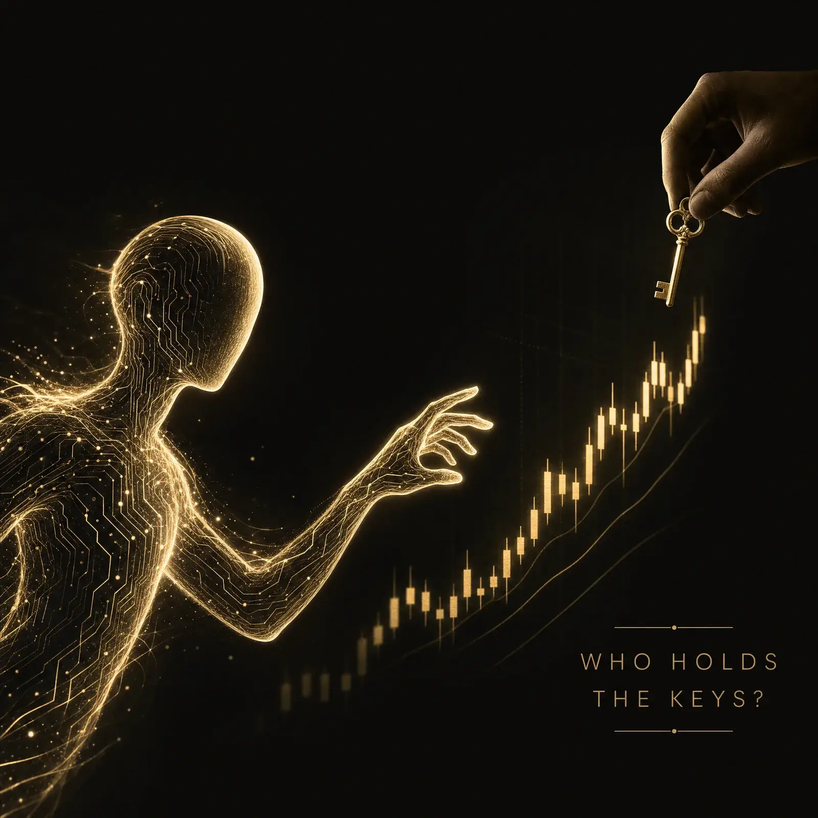 Conceptual image of an AI agent reaching for a trading chart while a human hand holds the key