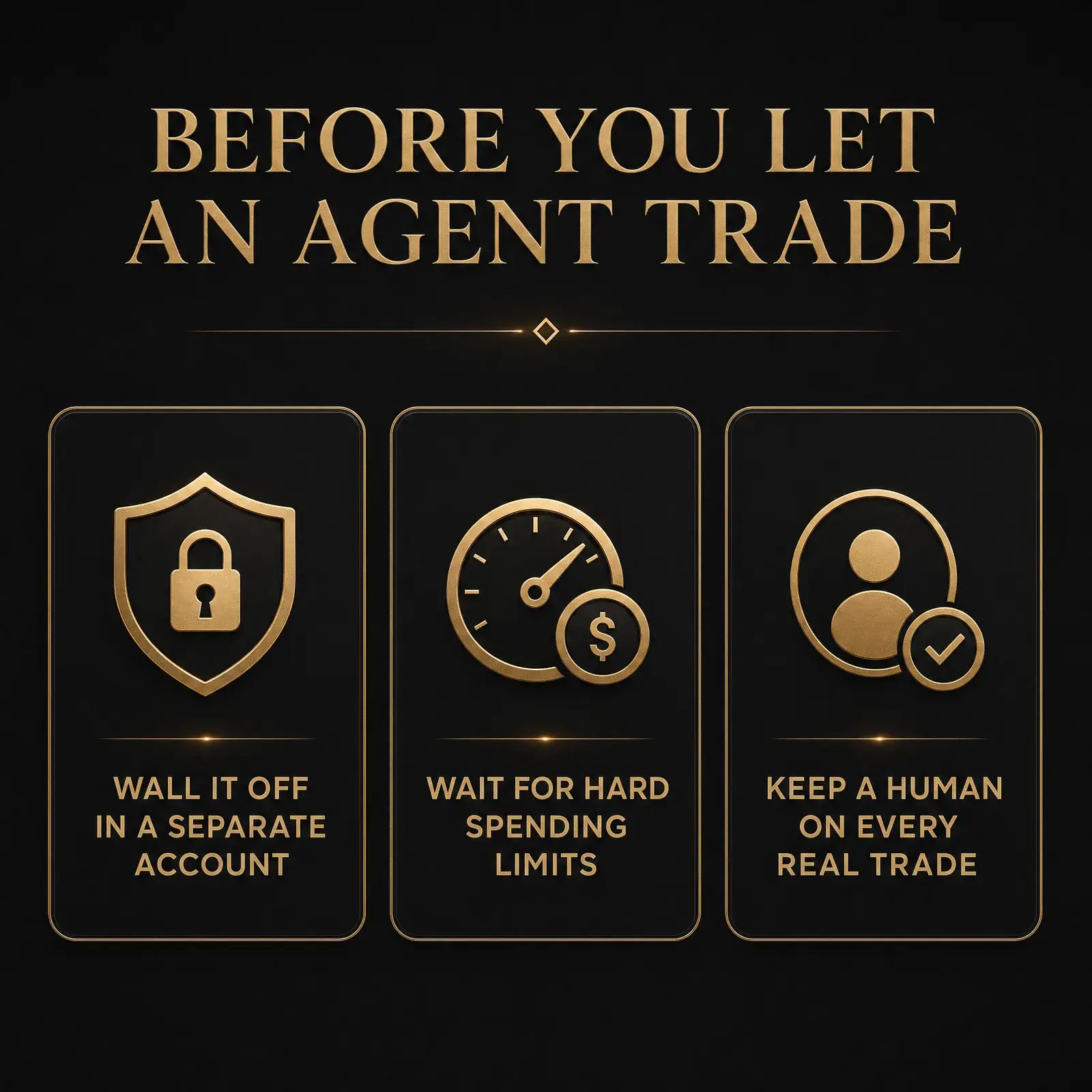 Infographic of three rules before letting an AI agent trade: wall it off, wait for hard limits, keep a human on every real trade