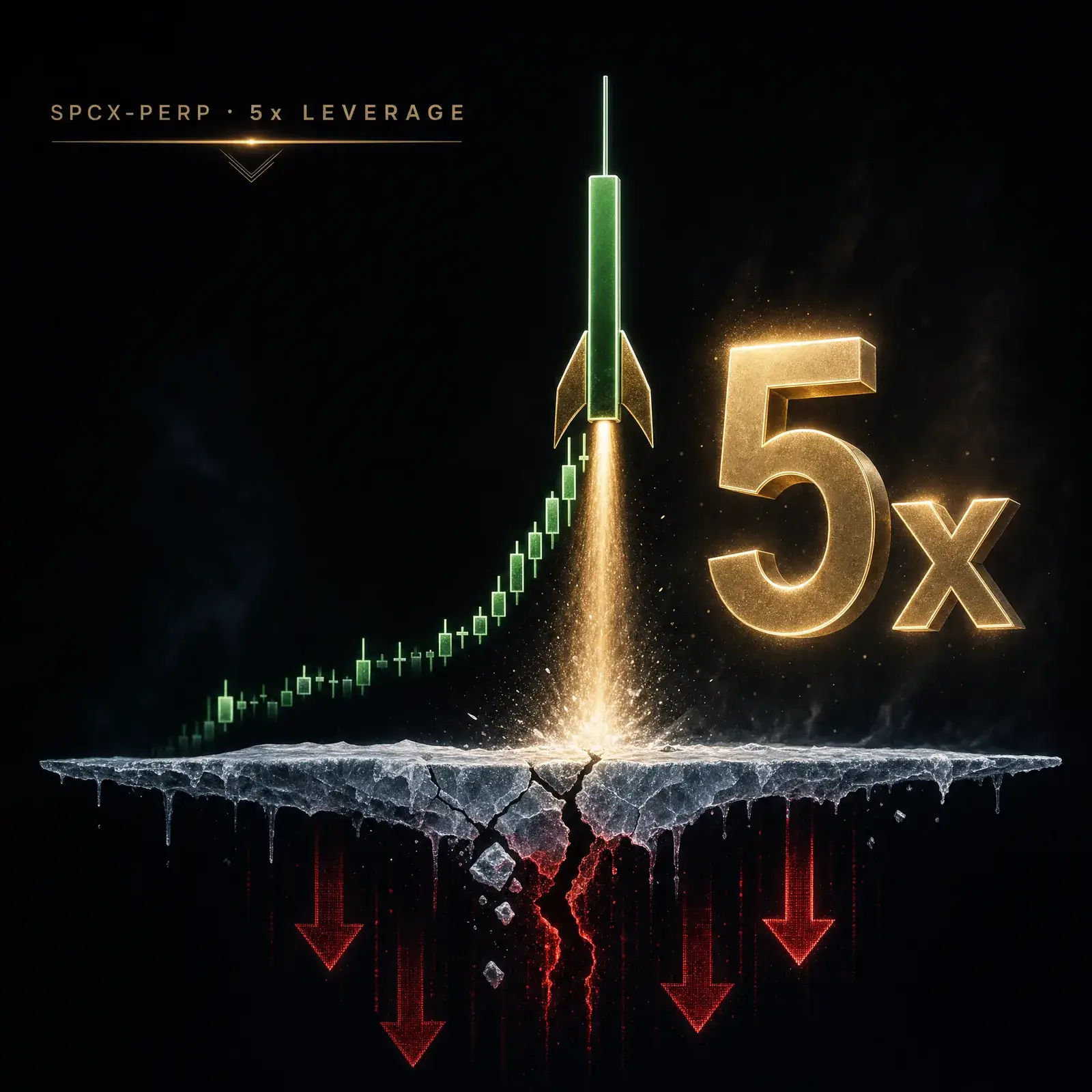 Coinbase SpaceX pre-IPO perpetual futures concept showing a leveraged rocket chart on cracking ice