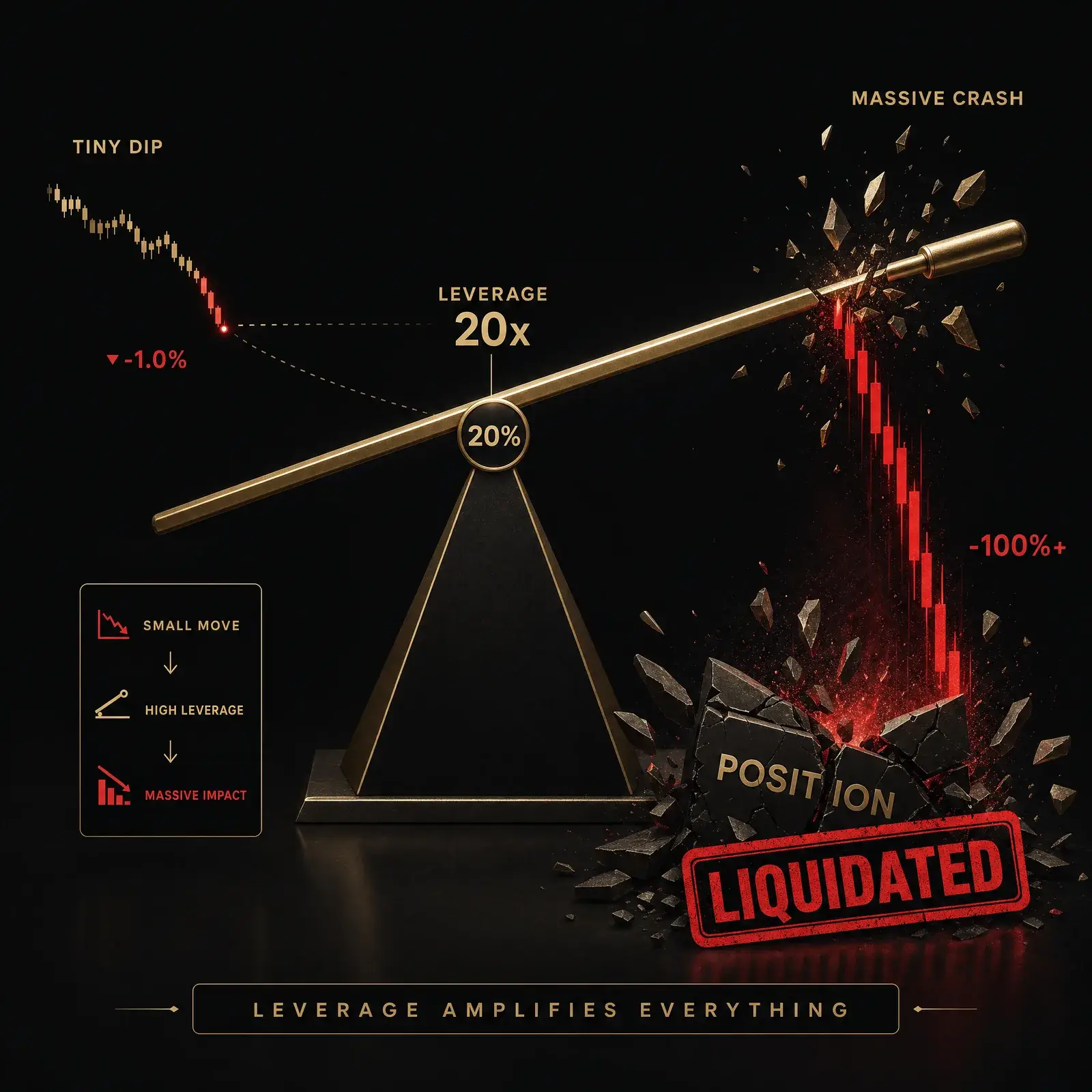 Concept showing how 5x leverage turns a small 20 percent price move into a full liquidation