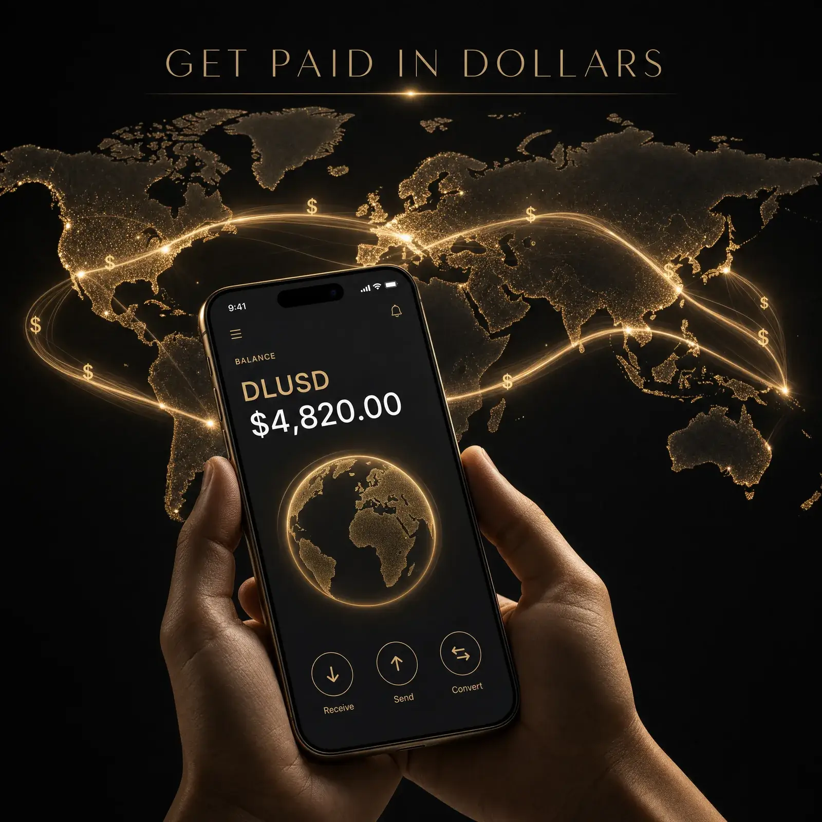 Deel stablecoin wallet concept showing a phone with a DLUSD dollar balance and cross-border money flows