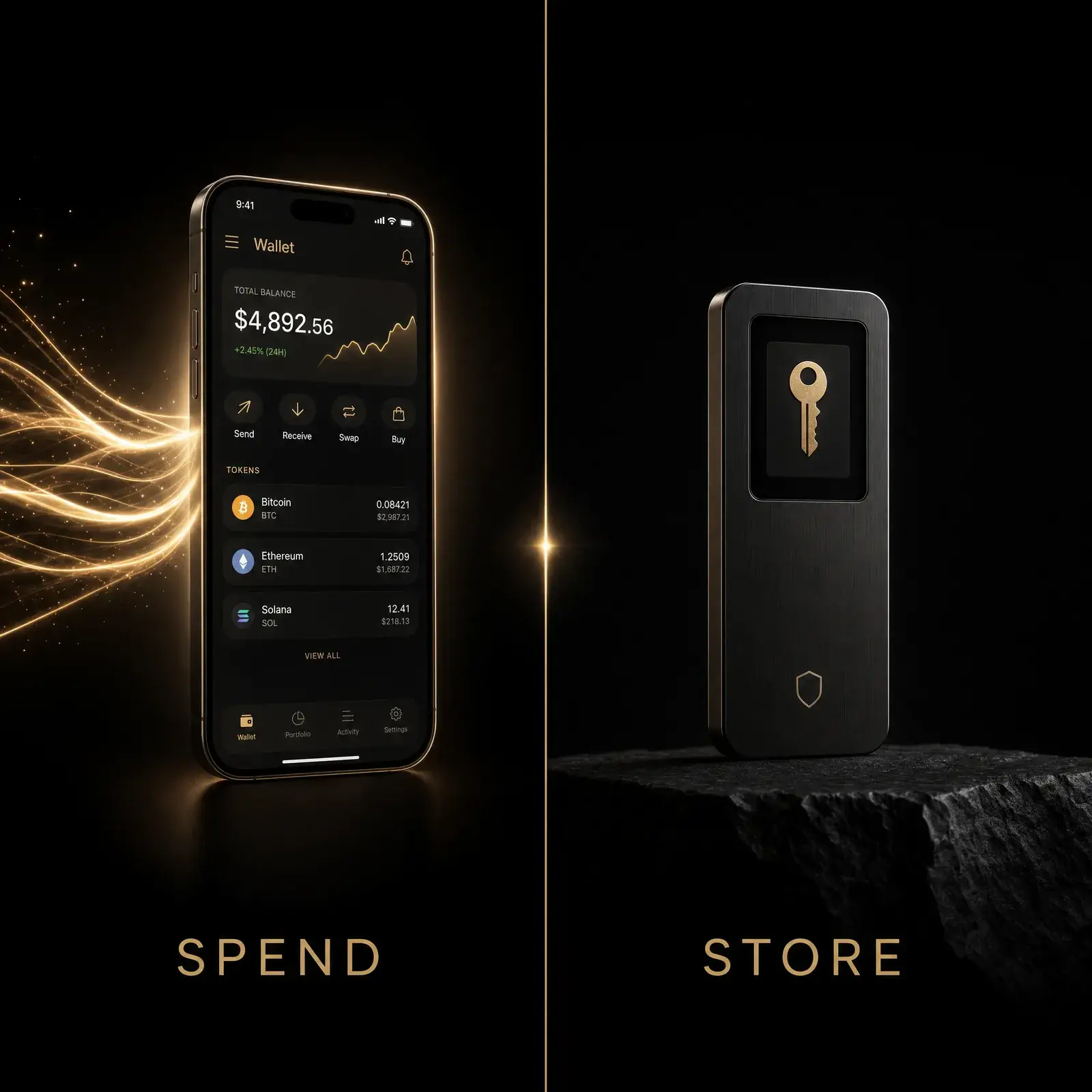 Concept comparing a hot app wallet for spending against offline hardware cold storage for holding value