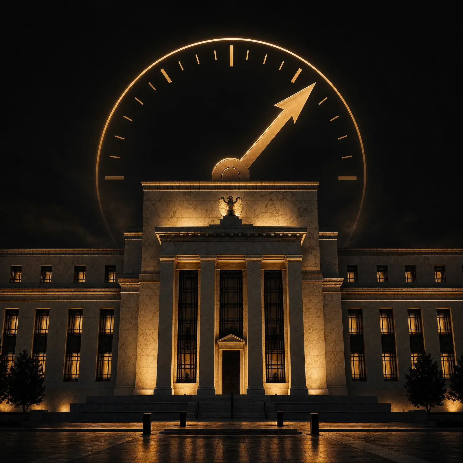 Fed rate hike 2026 — Federal Reserve building with a rising-rate gauge motif