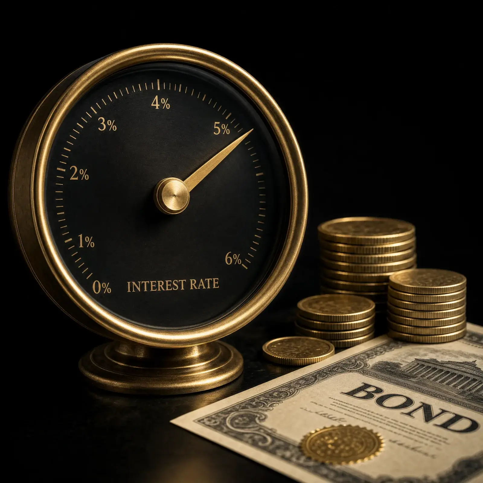 Fed rate hike 2026 — a rate gauge needle swinging upward beside coins and a bond
