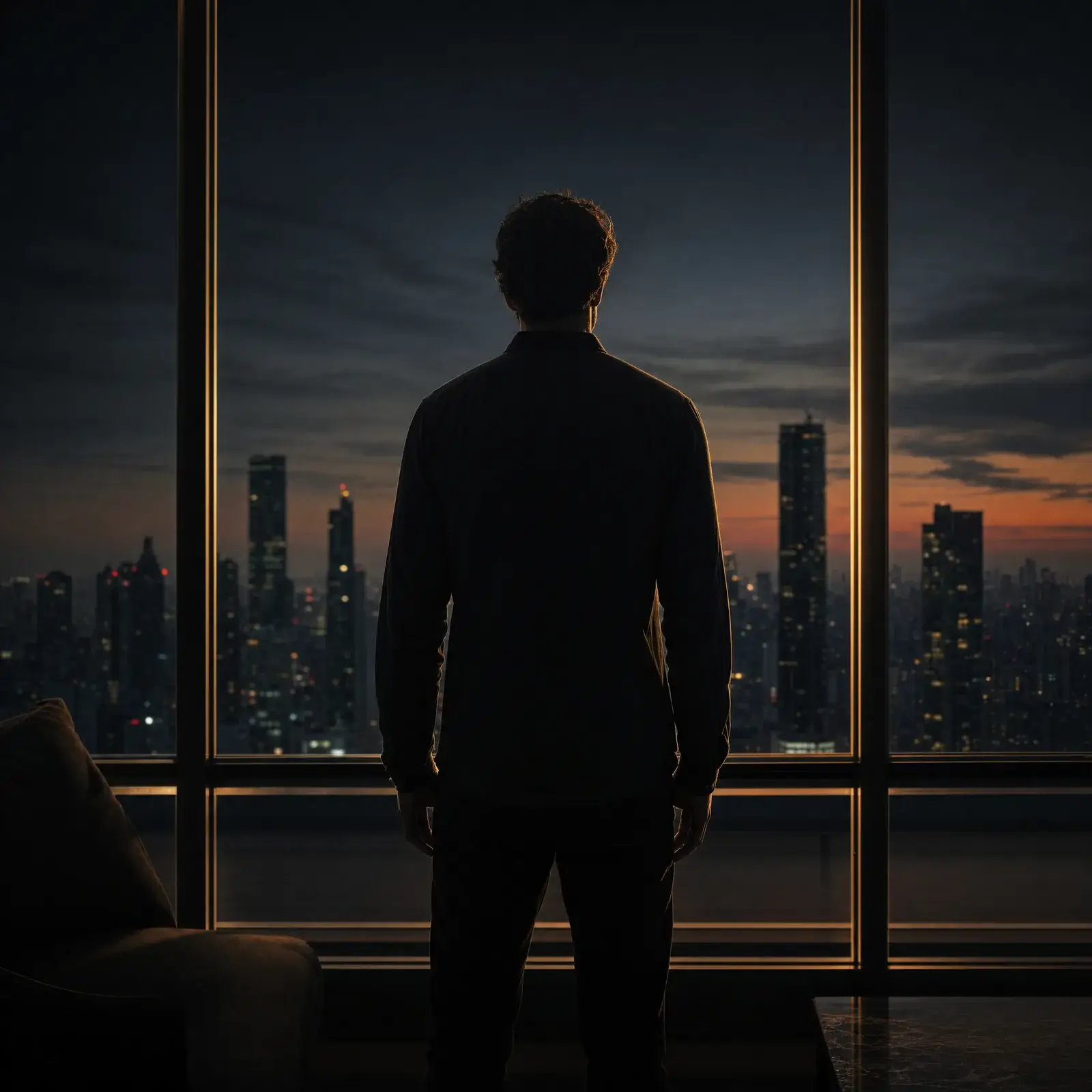 finding purpose in your 30s – a man in silhouette at a window at dusk, still after reaching his milestones