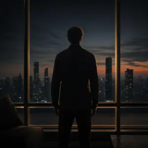 finding purpose in your 30s – a man in silhouette at a window at dusk, still after reaching his milestones