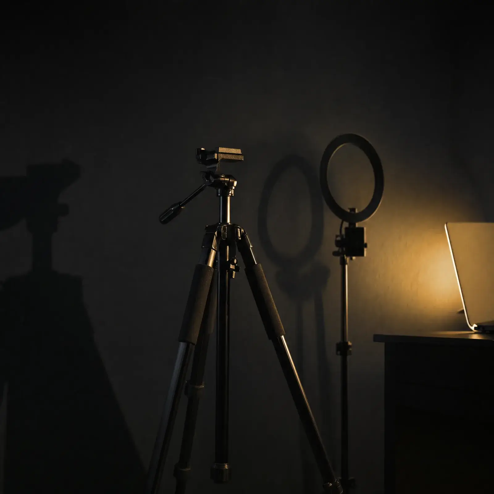 HeyGen AI video concept - an empty camera tripod and ring light in a dark studio lit only by a laptop glow