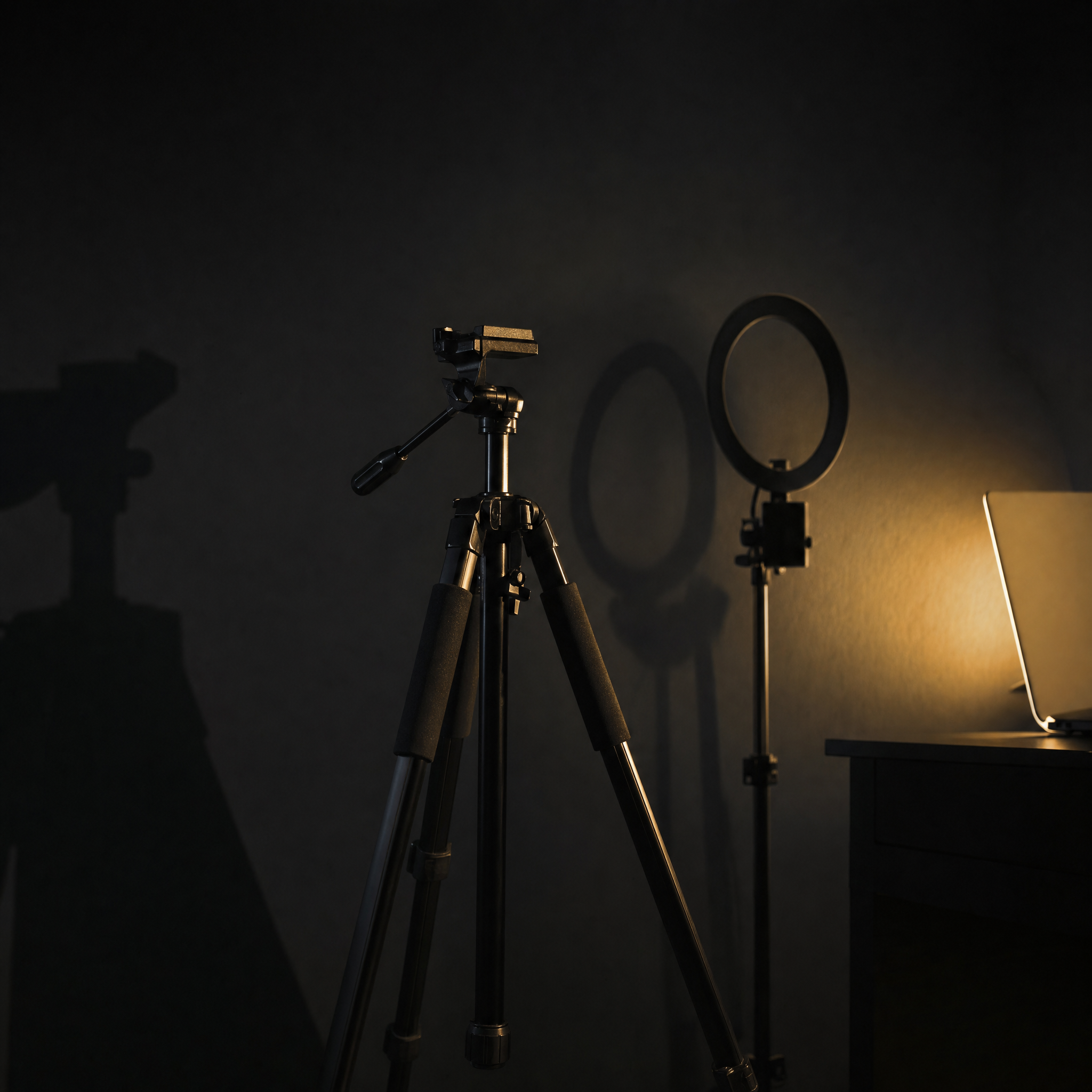 HeyGen AI video concept - an empty camera tripod and ring light in a dark studio lit only by a laptop glow