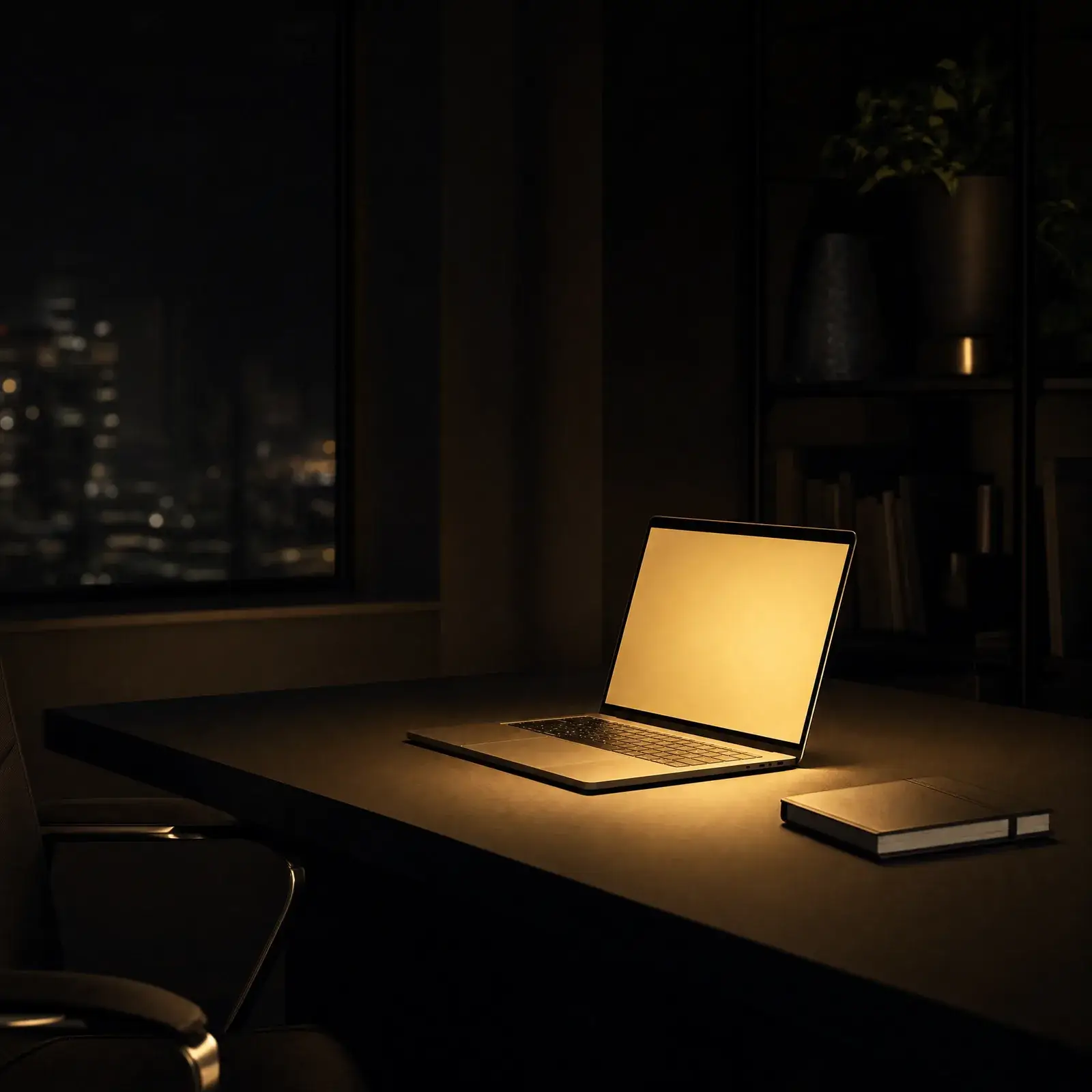 how compound interest works over time – laptop on a dark obsidian desk with warm champagne gold screen glow