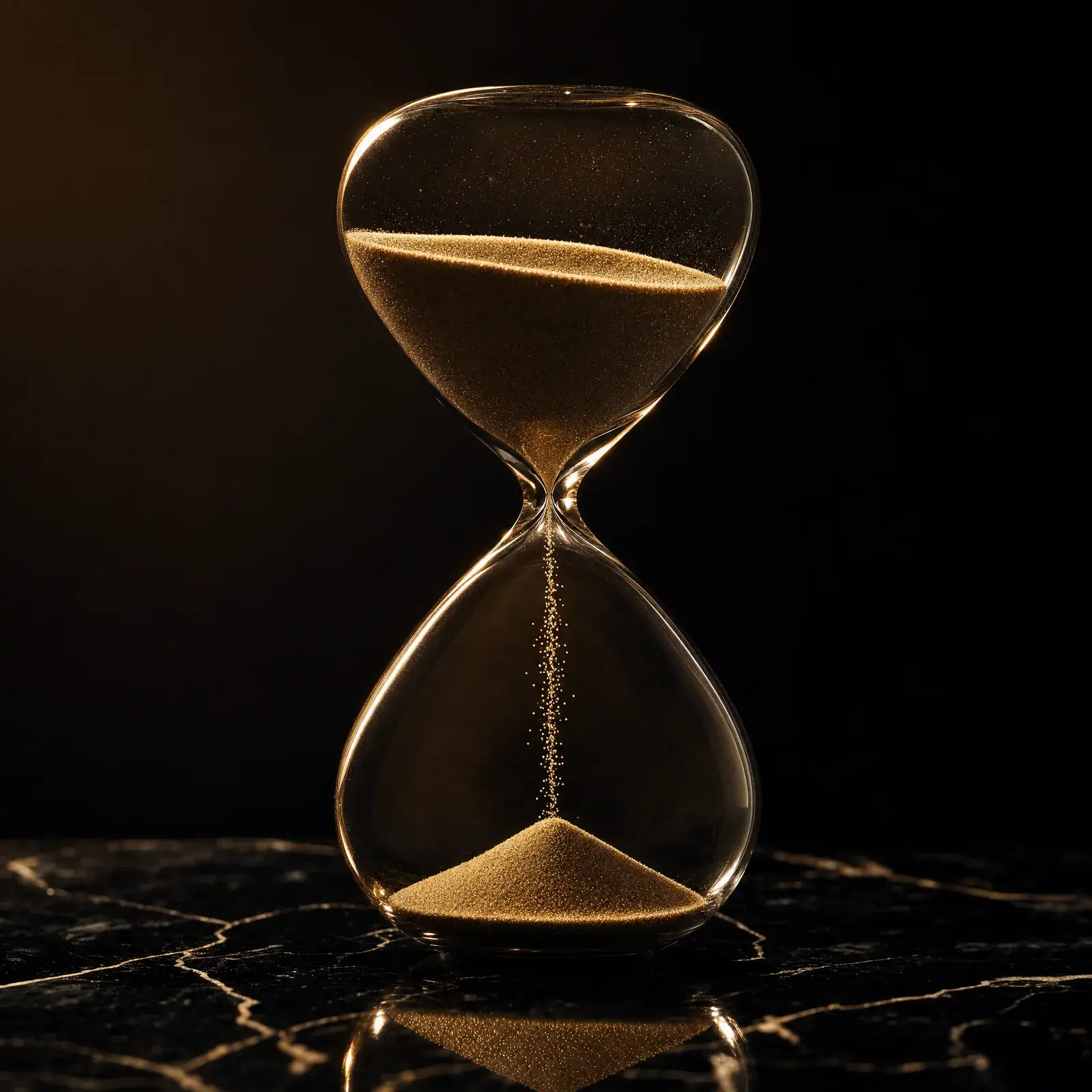 compound interest first decade – time passing as sand through an hourglass on an obsidian surface