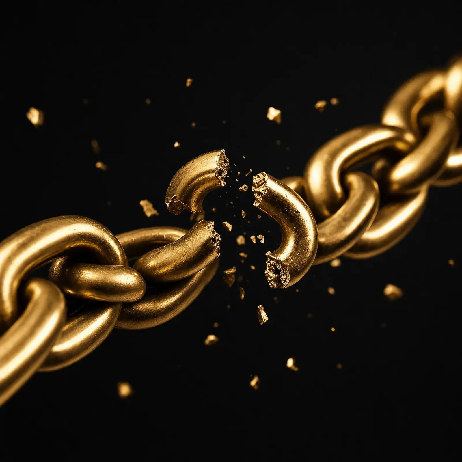 how to get out of consumer debt - a gold chain breaking apart on dark background