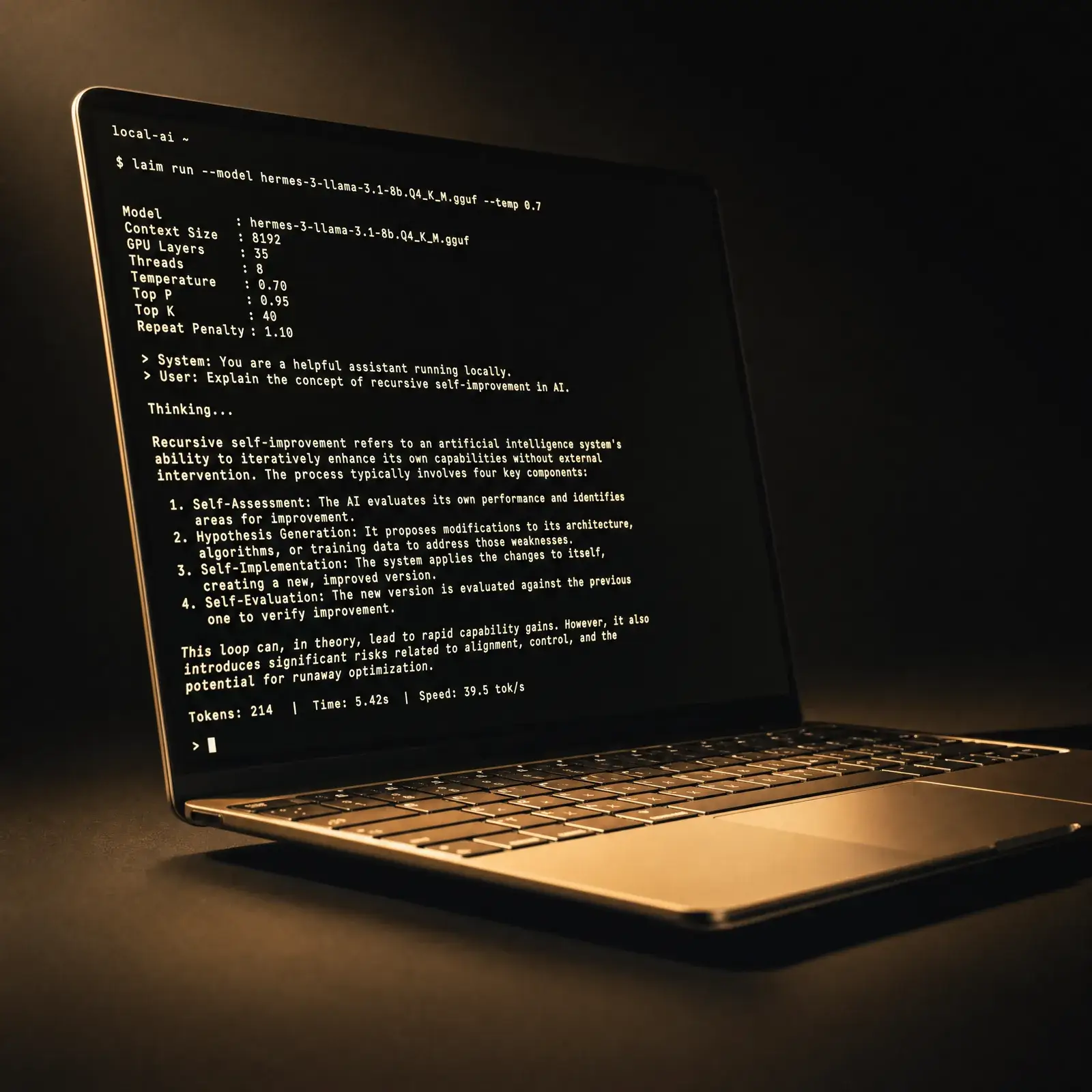 how to self-host AI models – local model running on a laptop terminal