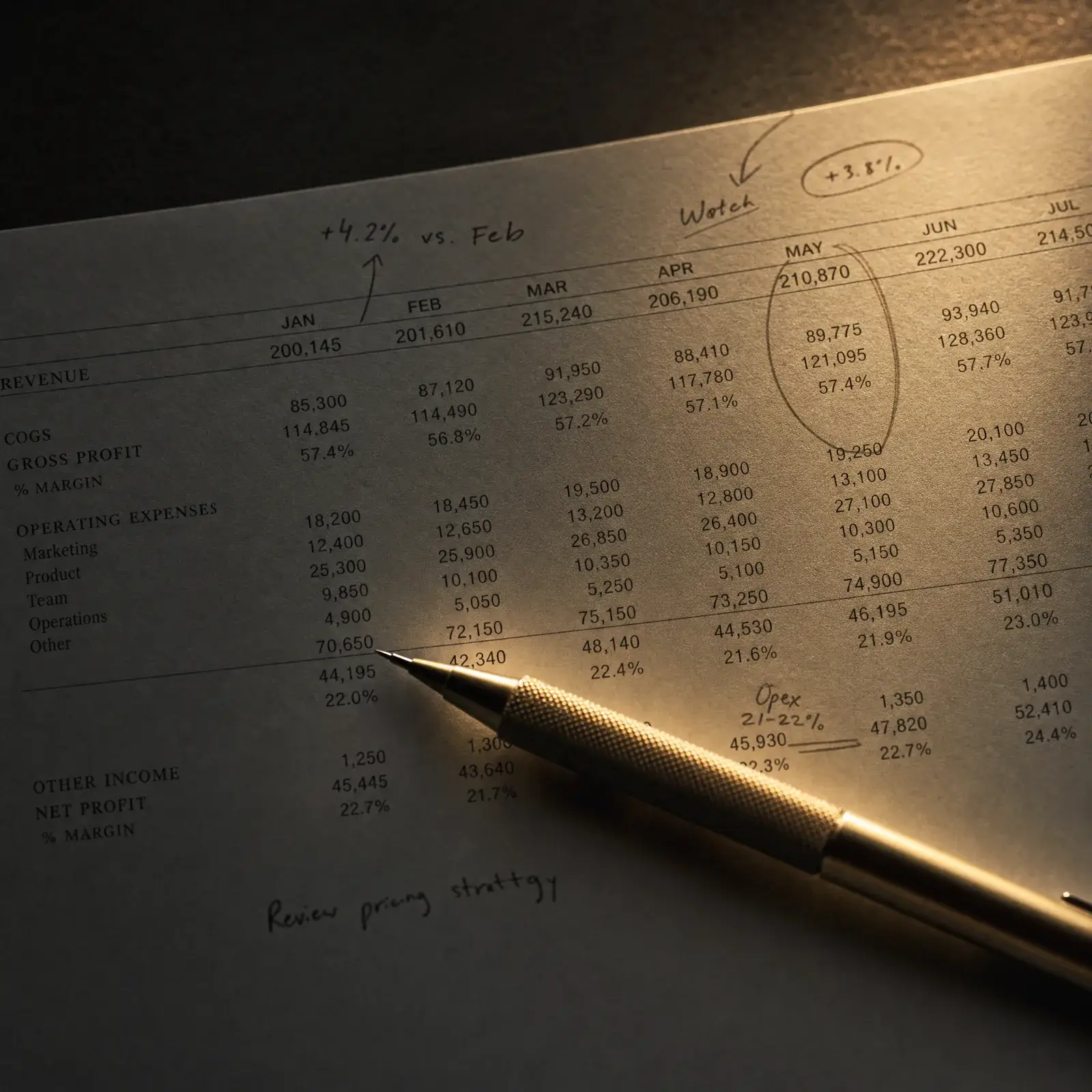 how to use AI for personal finance without connecting your bank – reviewing financial document with pencil on dark desk