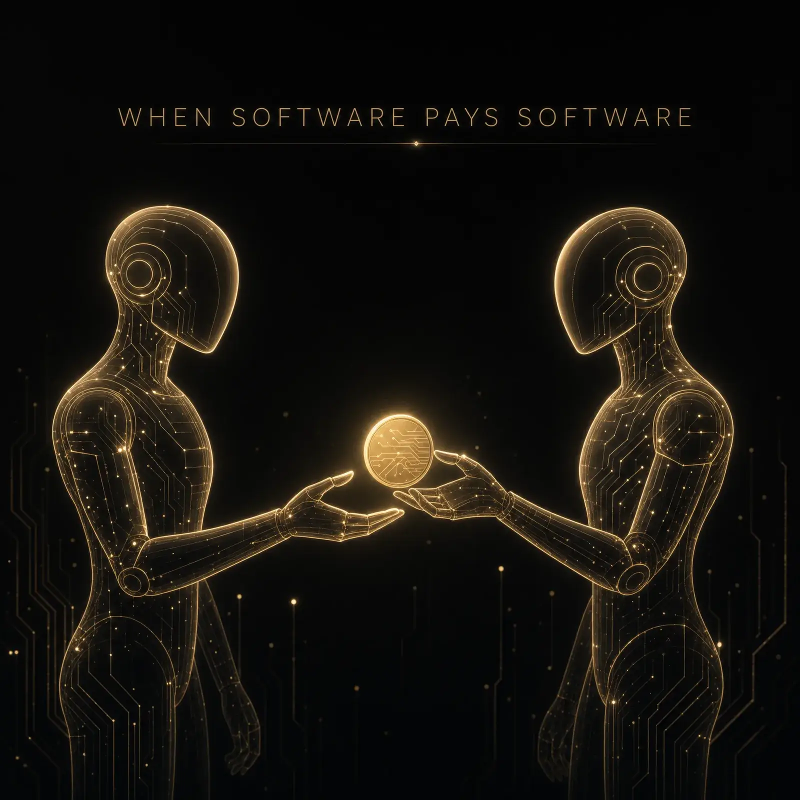 Conceptual image of two AI agents exchanging a payment with no human in the loop