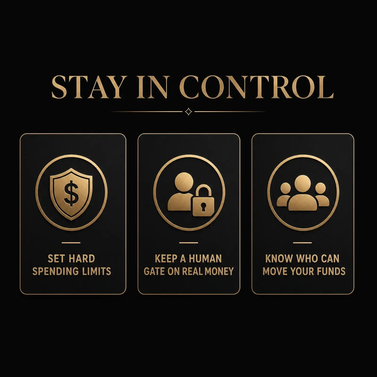 Infographic of three rules for controlling an AI agent that can spend: set hard limits, keep a human gate, know who can move your funds