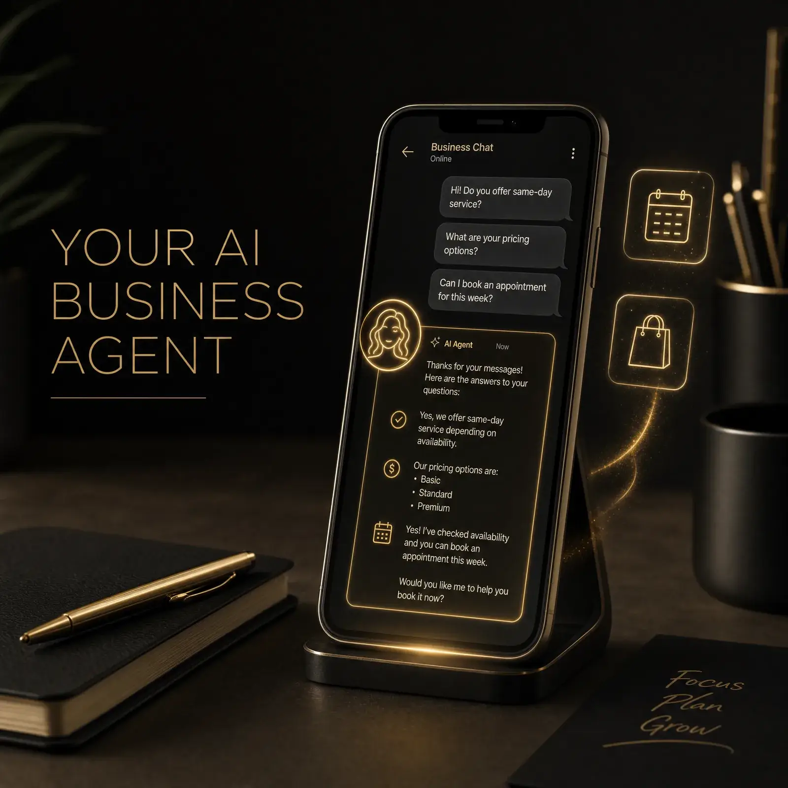 Meta Business Agent concept showing an AI agent answering multiple customer chats on a small business phone