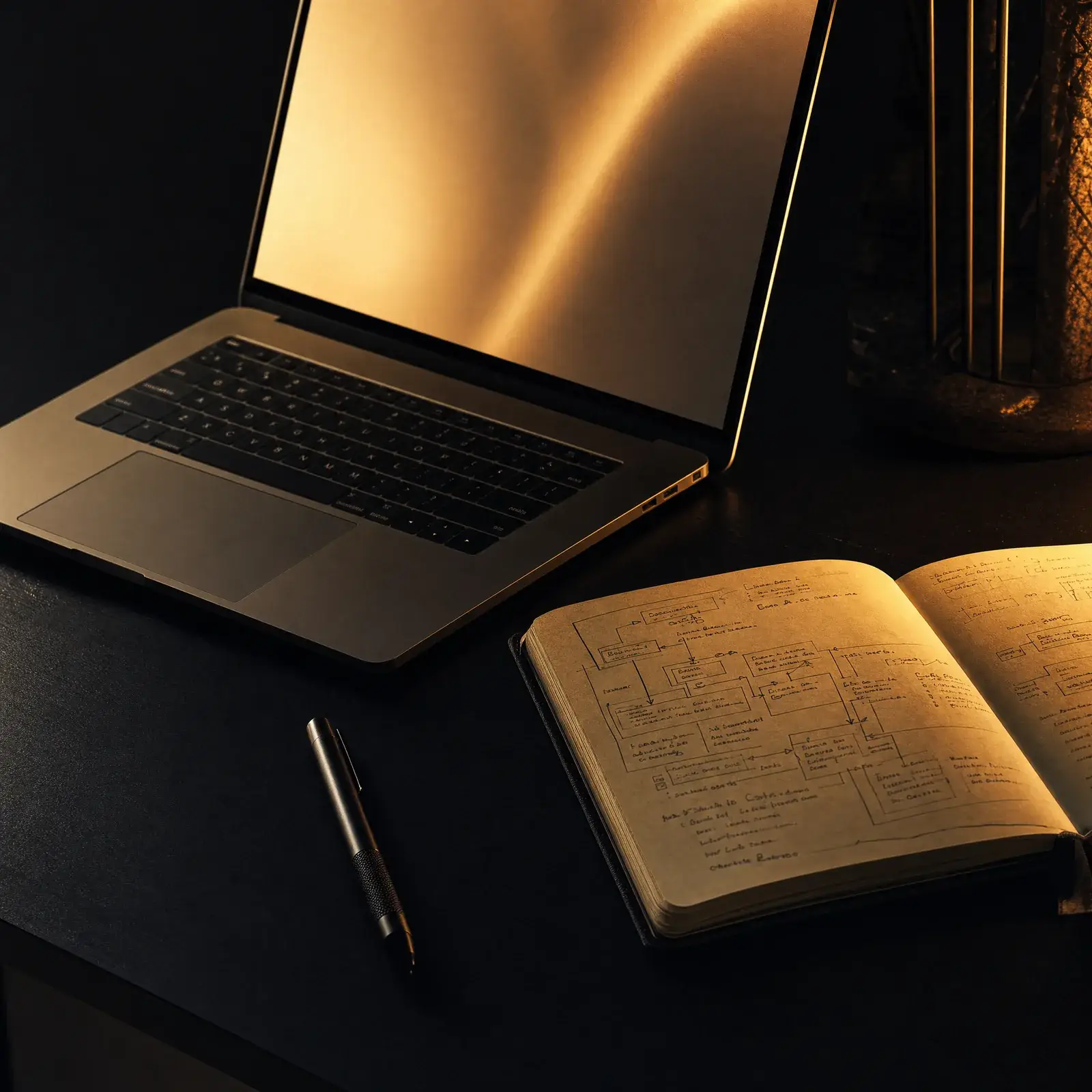 one-person business system – solo founder workspace with laptop on dark desk