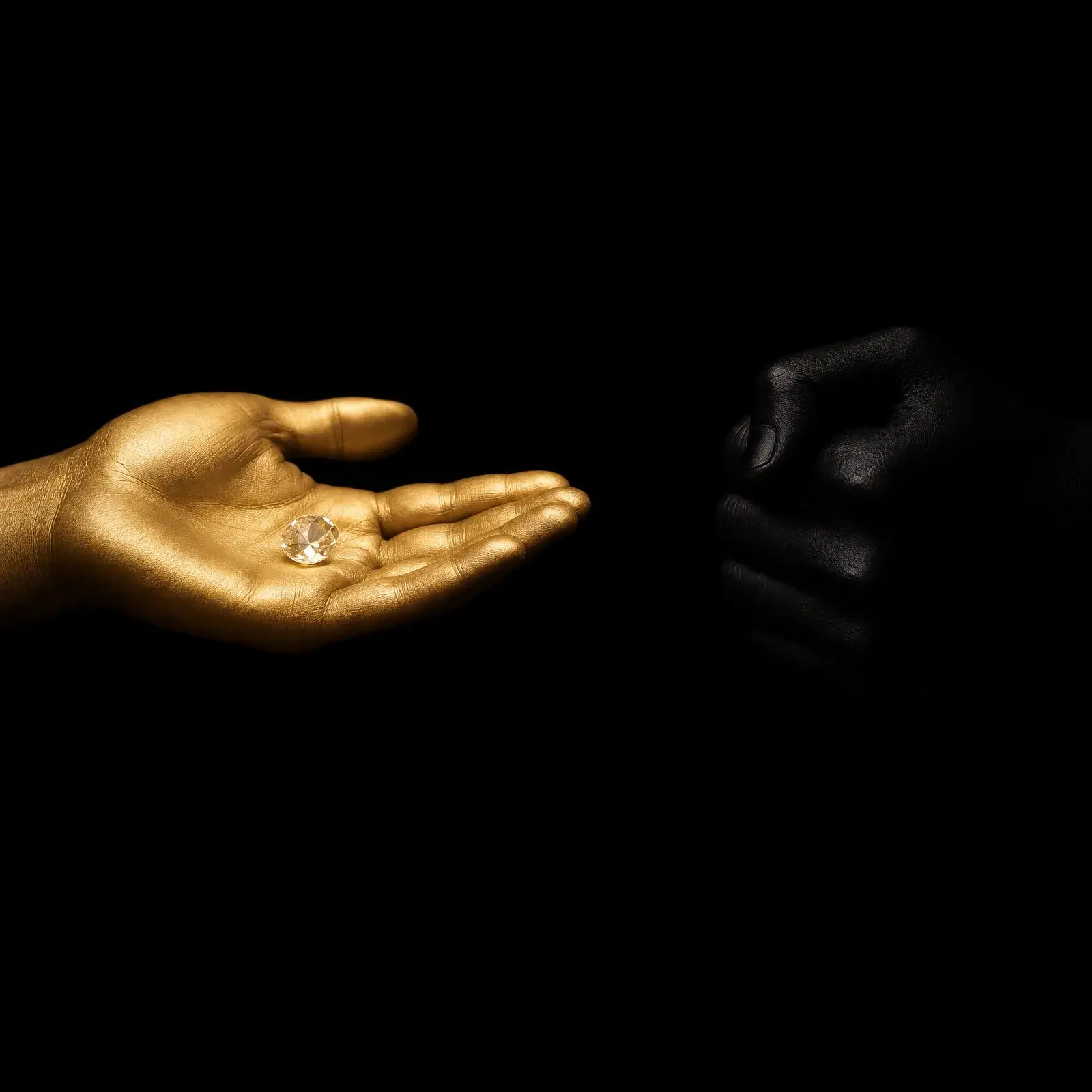power vs manipulation - one open hand in light, one closed fist in shadow