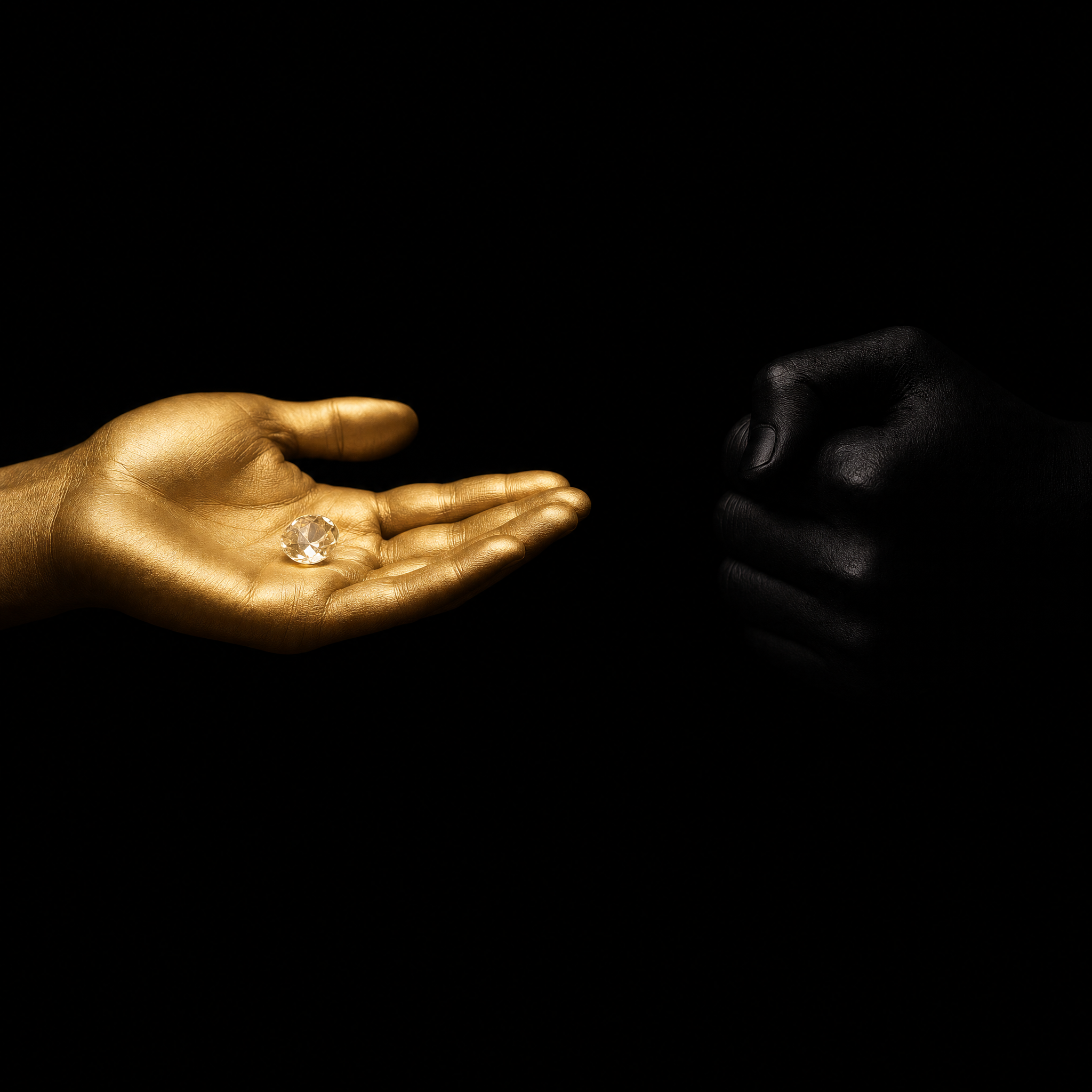power vs manipulation - one open hand in light, one closed fist in shadow