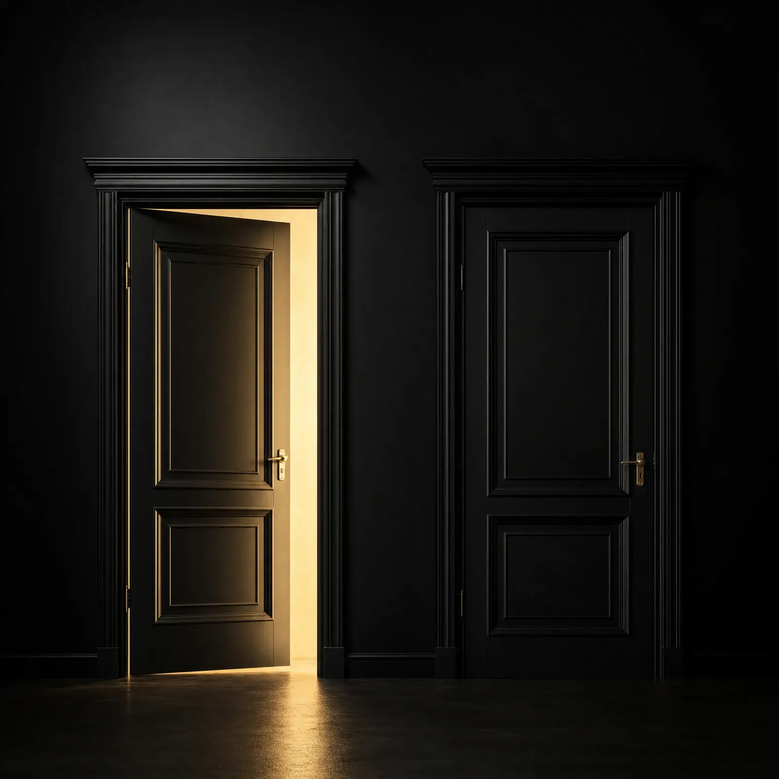 power vs manipulation - one open door with light, one closed door in shadow
