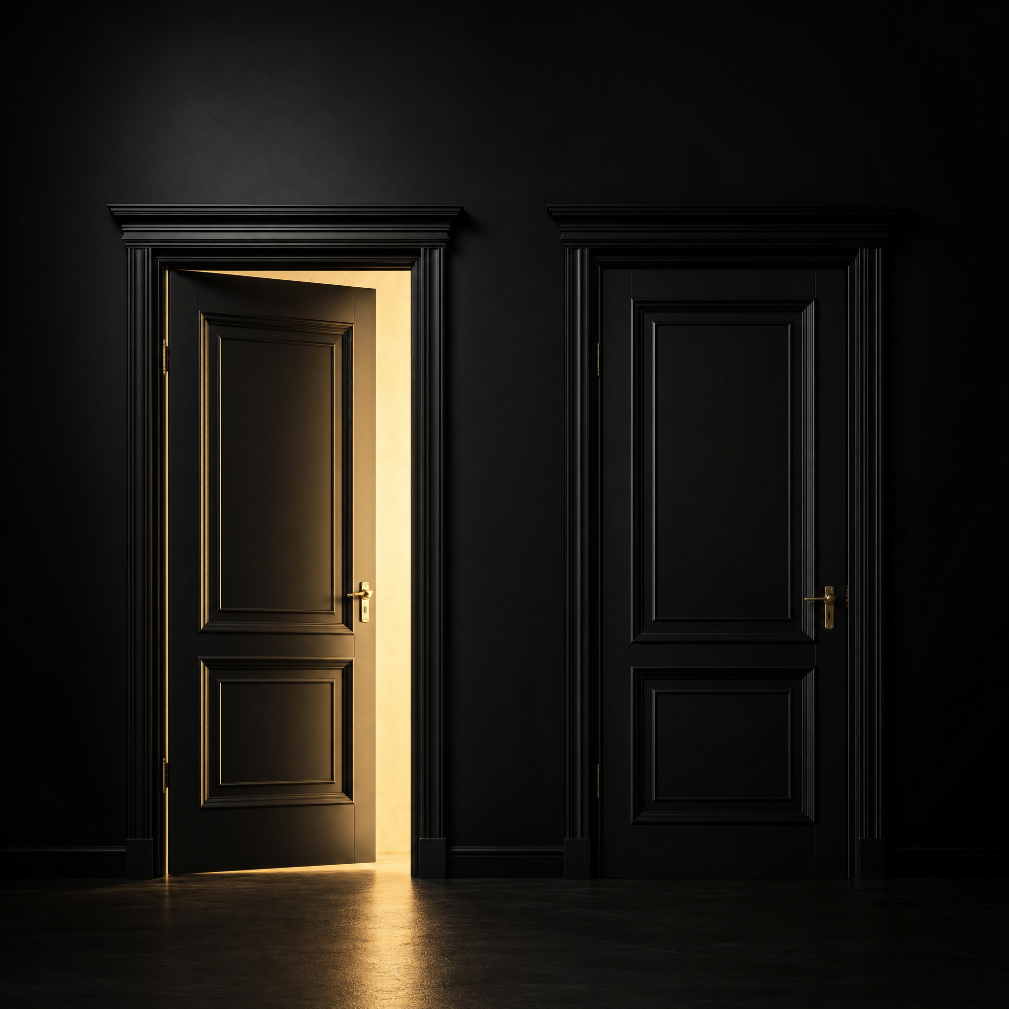 power vs manipulation - one open door with light, one closed door in shadow