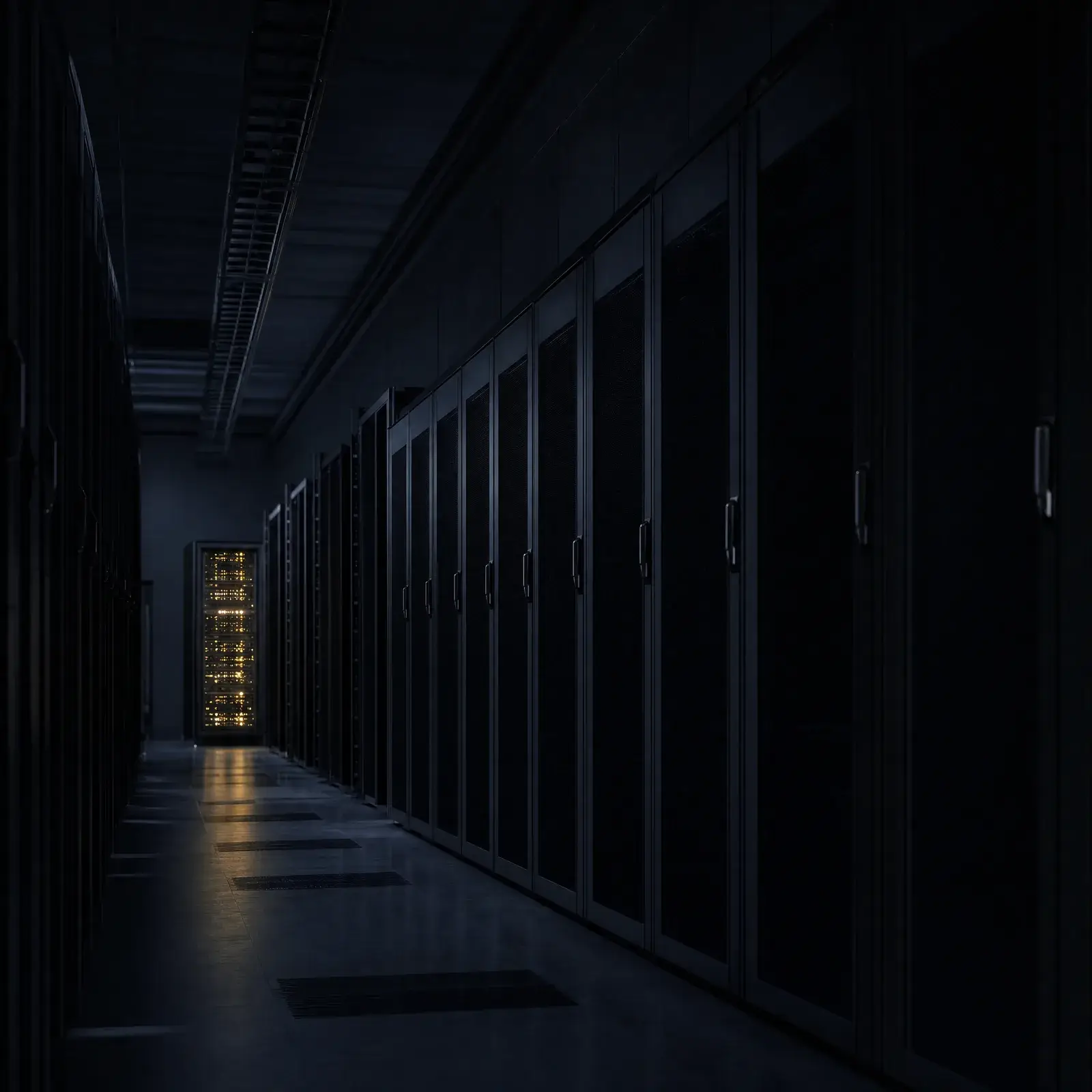 Privacy-first AI tools setup – one private server rack lit while the rest stay dark