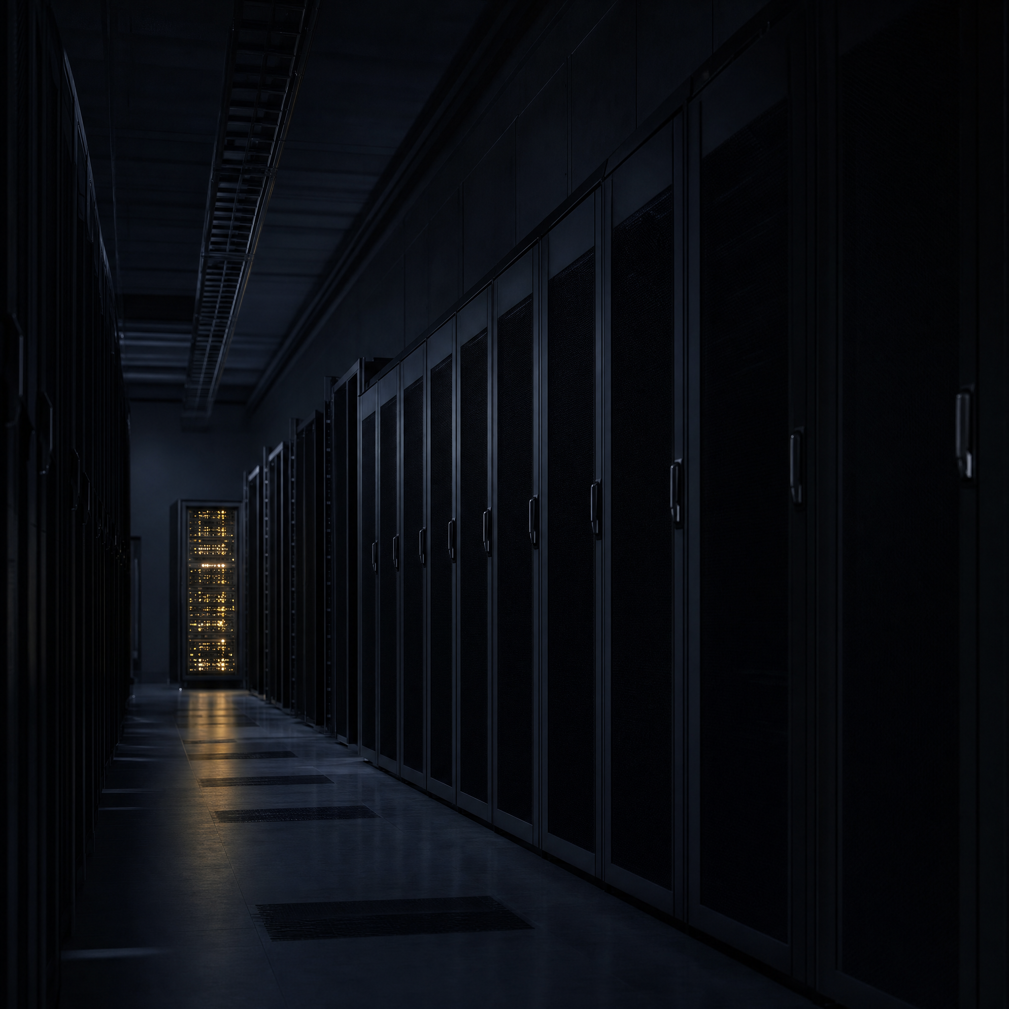 Privacy-first AI tools setup – one private server rack lit while the rest stay dark