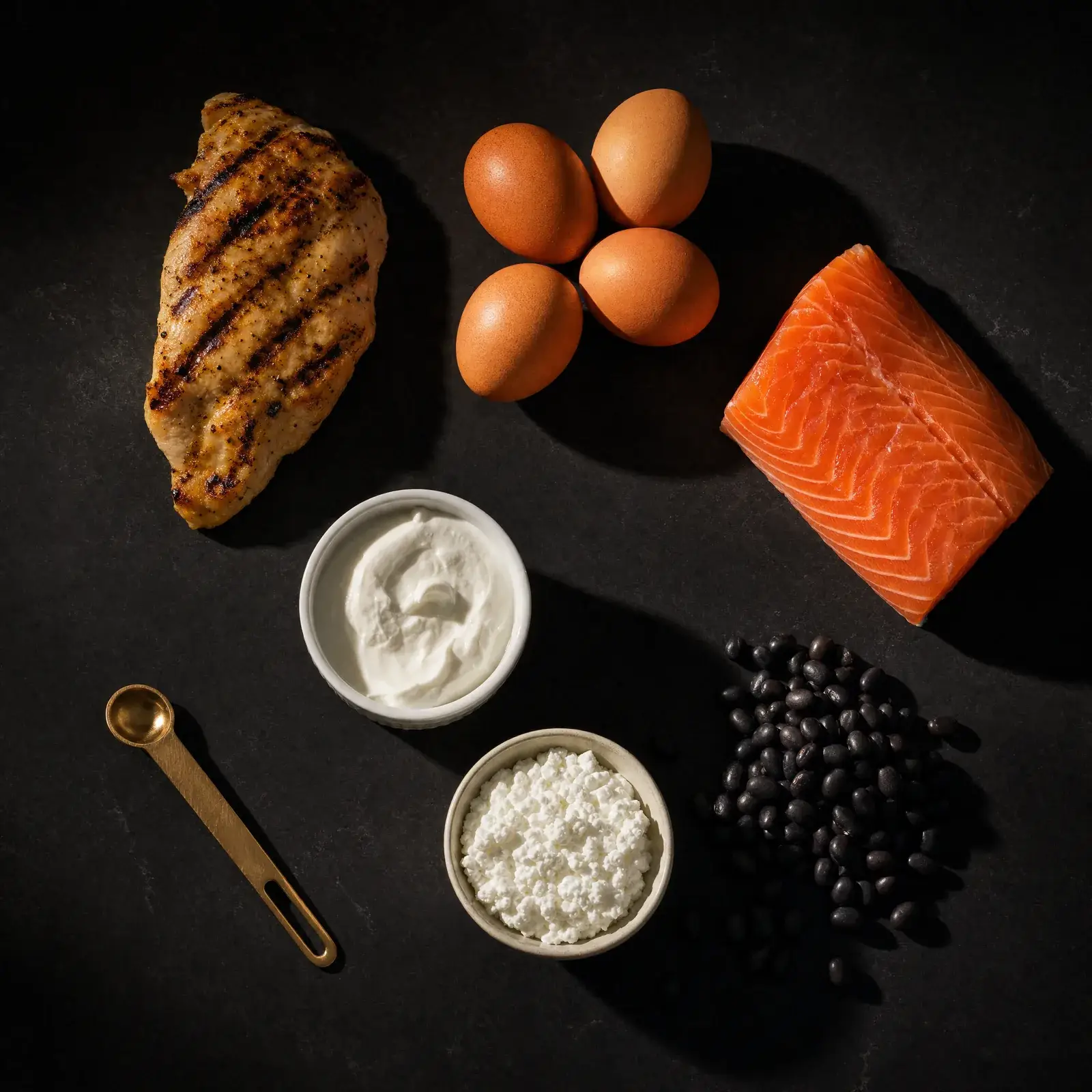 protein intake for men – high-protein foods laid out on dark slate with champagne gold accents