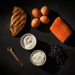 protein intake for men – high-protein foods laid out on dark slate with champagne gold accents