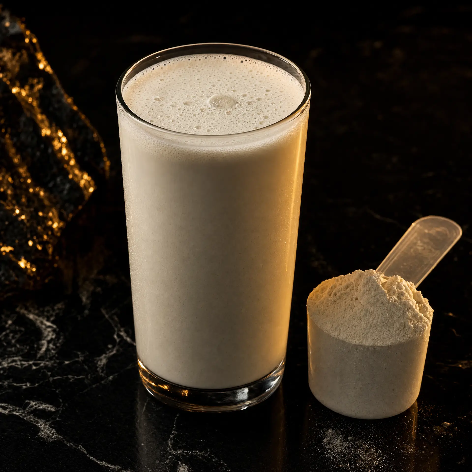 protein intake for men – protein shake on dark surface with champagne gold lighting accent