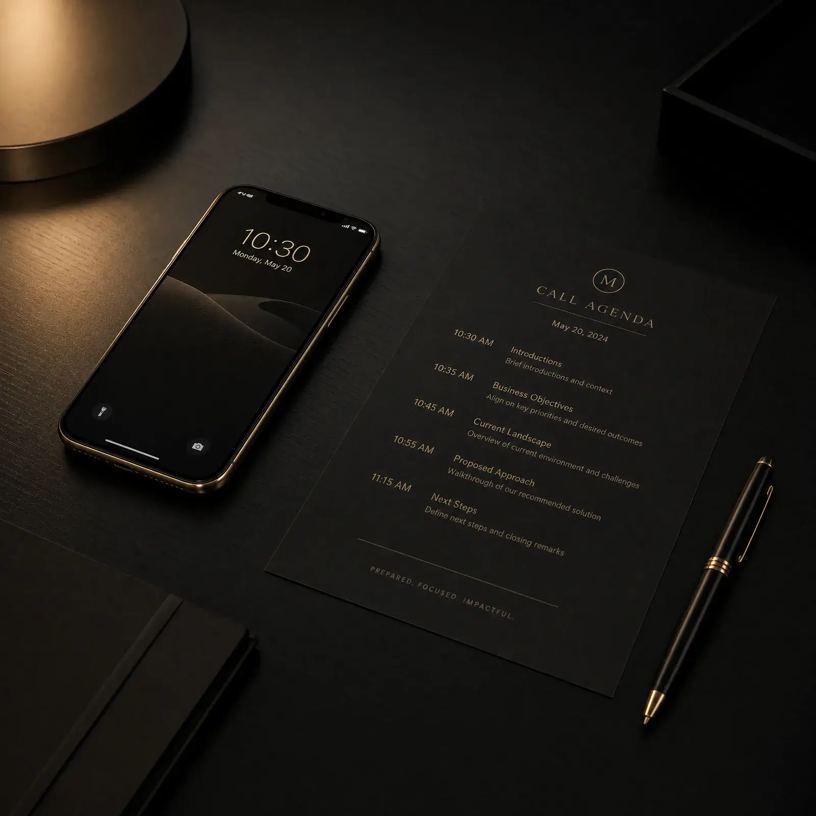 Sales calls for introverts - a prepared desk setup with a phone and a printed call agenda