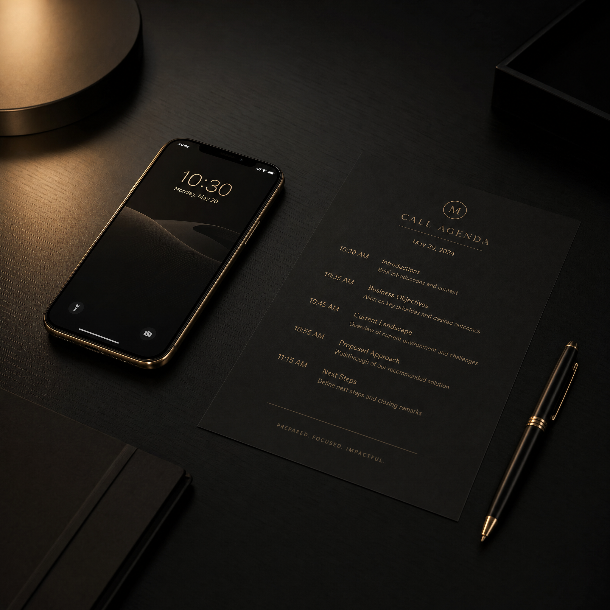 Sales calls for introverts - a prepared desk setup with a phone and a printed call agenda