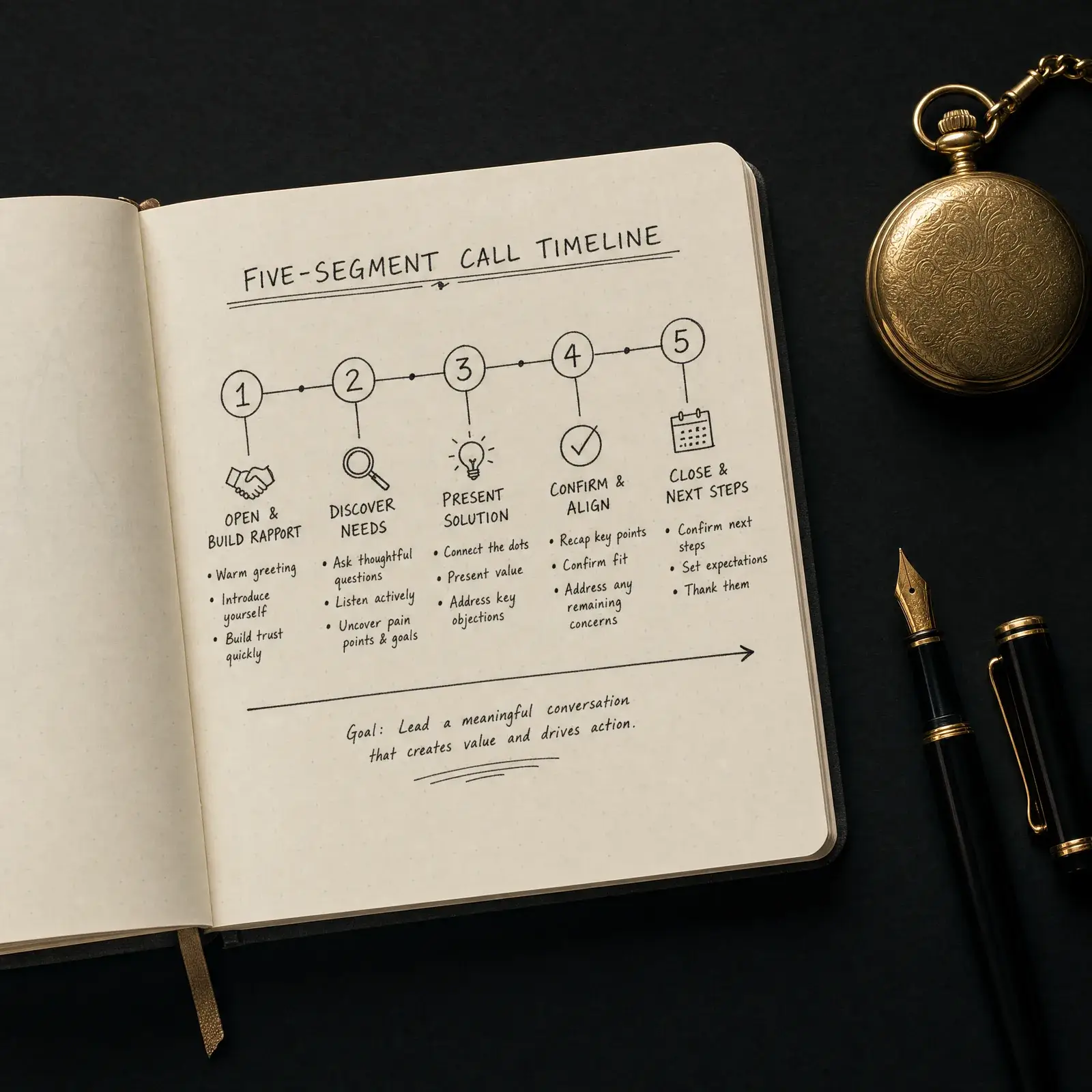 Sales calls for introverts - a five-segment call structure template sketched in a notebook
