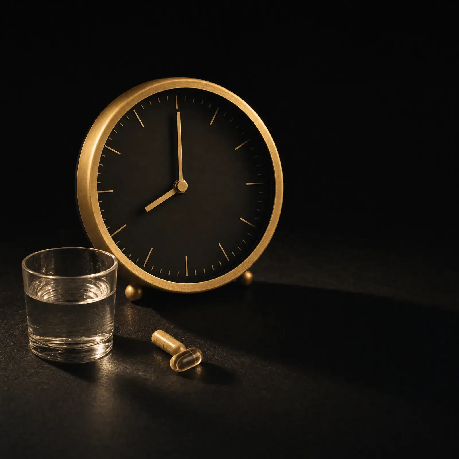 sleep and recovery for men – editorial still life with sleep clock and supplements on obsidian surface