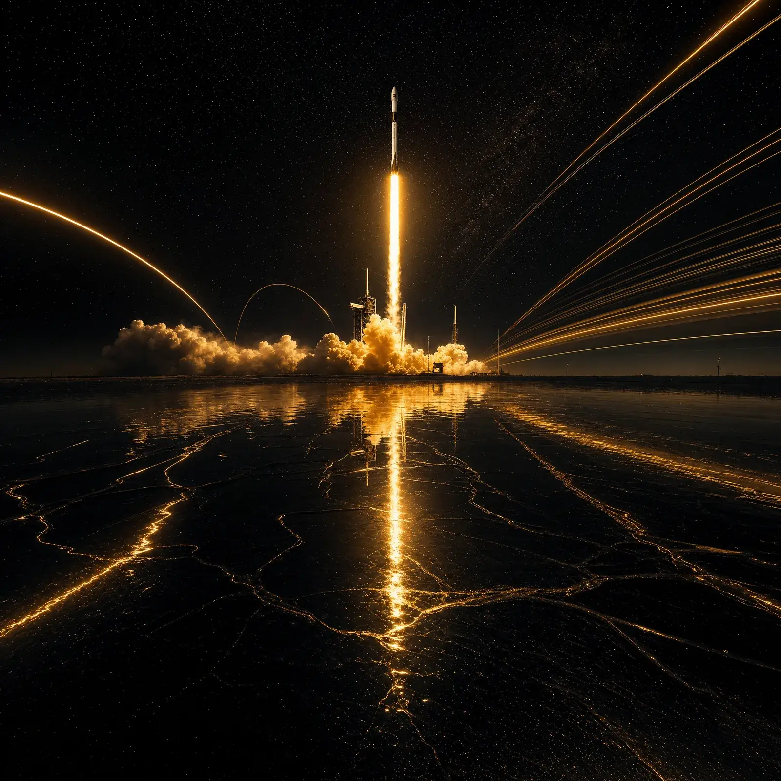 SpaceX Bitcoin treasury 2026 — Falcon 9 launch with gold light trails