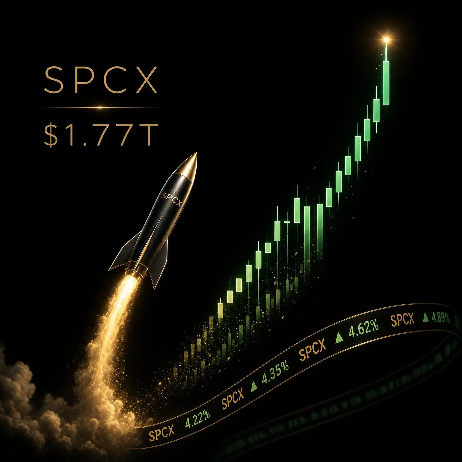 SpaceX IPO 2026 concept showing a rocket rising and morphing into a SPCX stock ticker and price chart